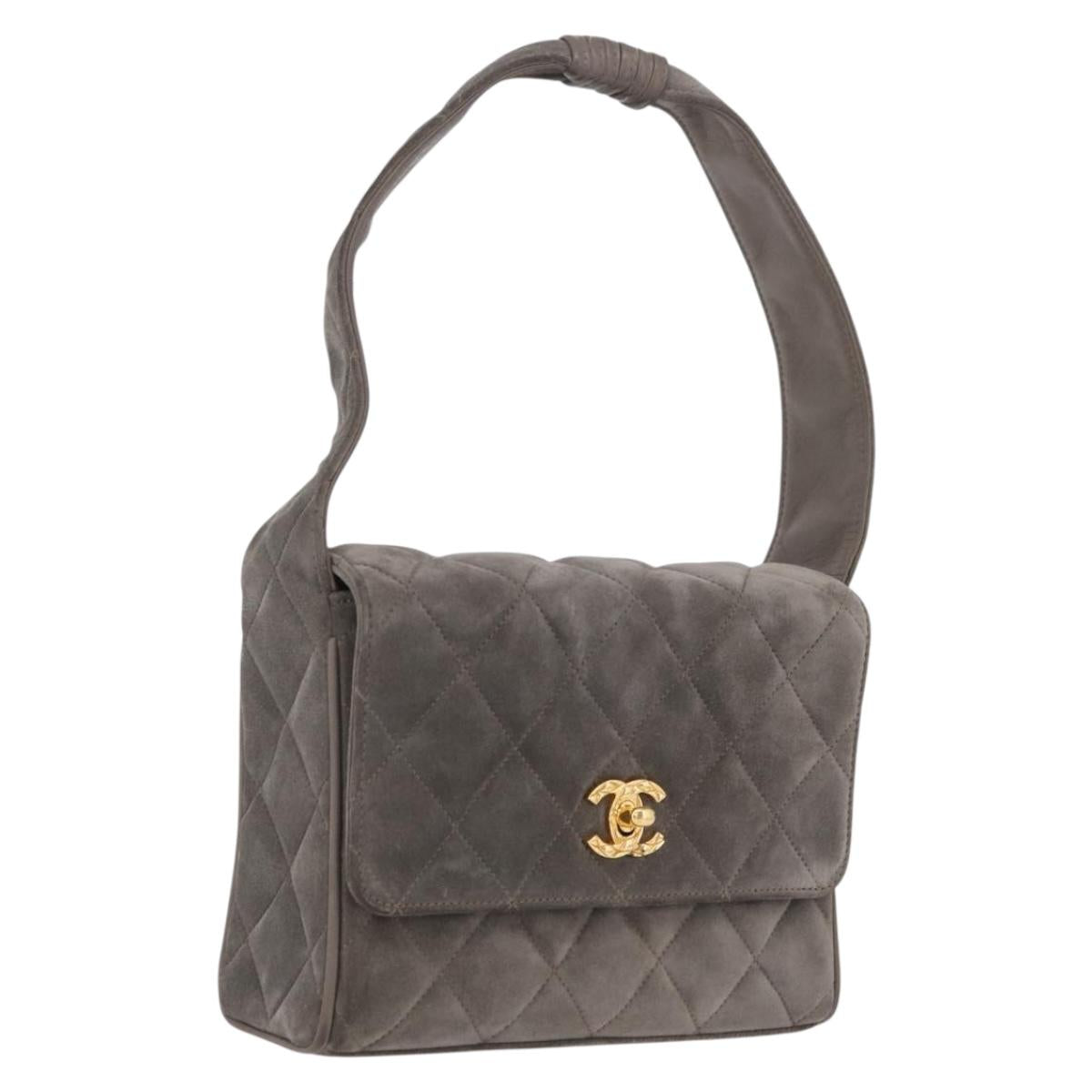 CHANEL Matelasse Shoulder Bag Suede Gray Gold Tone CC Auth 208499V