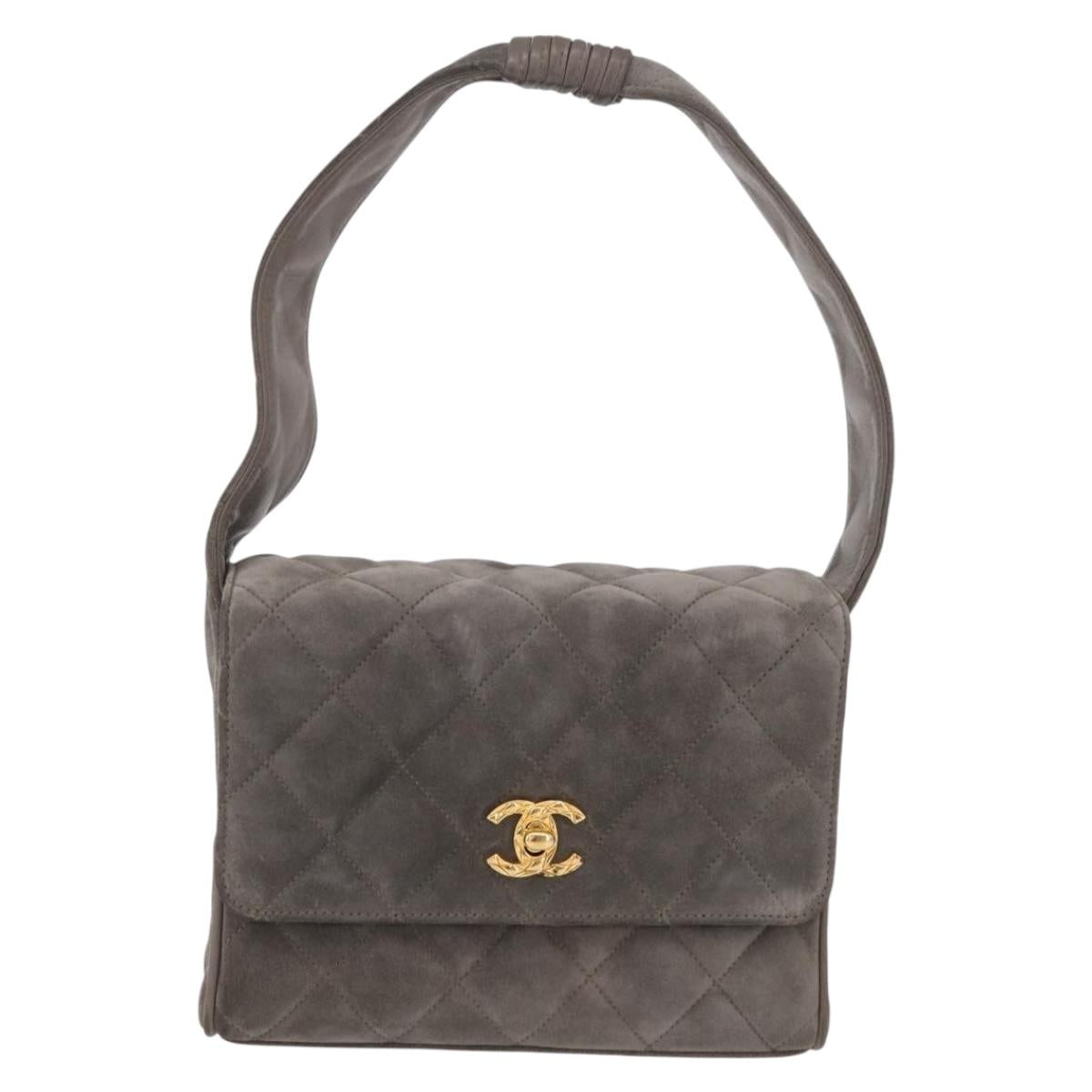 CHANEL Matelasse Shoulder Bag Suede Gray Gold Tone CC Auth 208499V