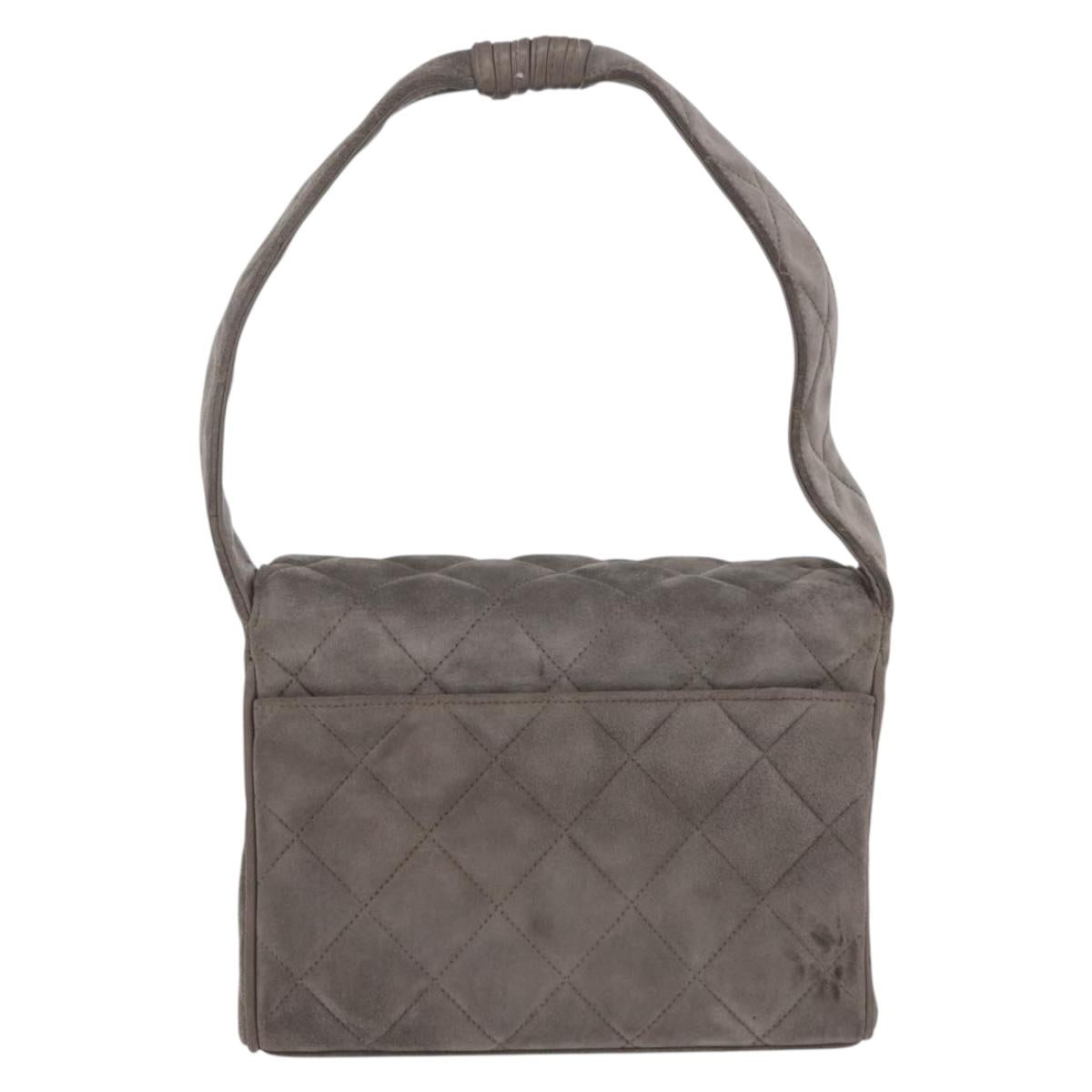 CHANEL Matelasse Shoulder Bag Suede Gray Gold Tone CC Auth 208499V