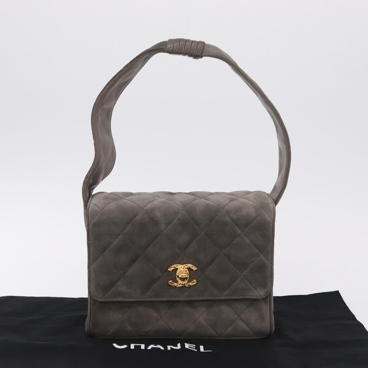 CHANEL Matelasse Shoulder Bag Suede Gray Gold Tone CC Auth 208499V