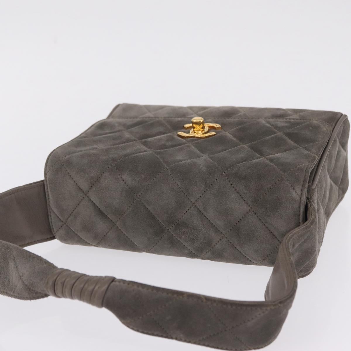 CHANEL Matelasse Shoulder Bag Suede Gray Gold Tone CC Auth 208499V