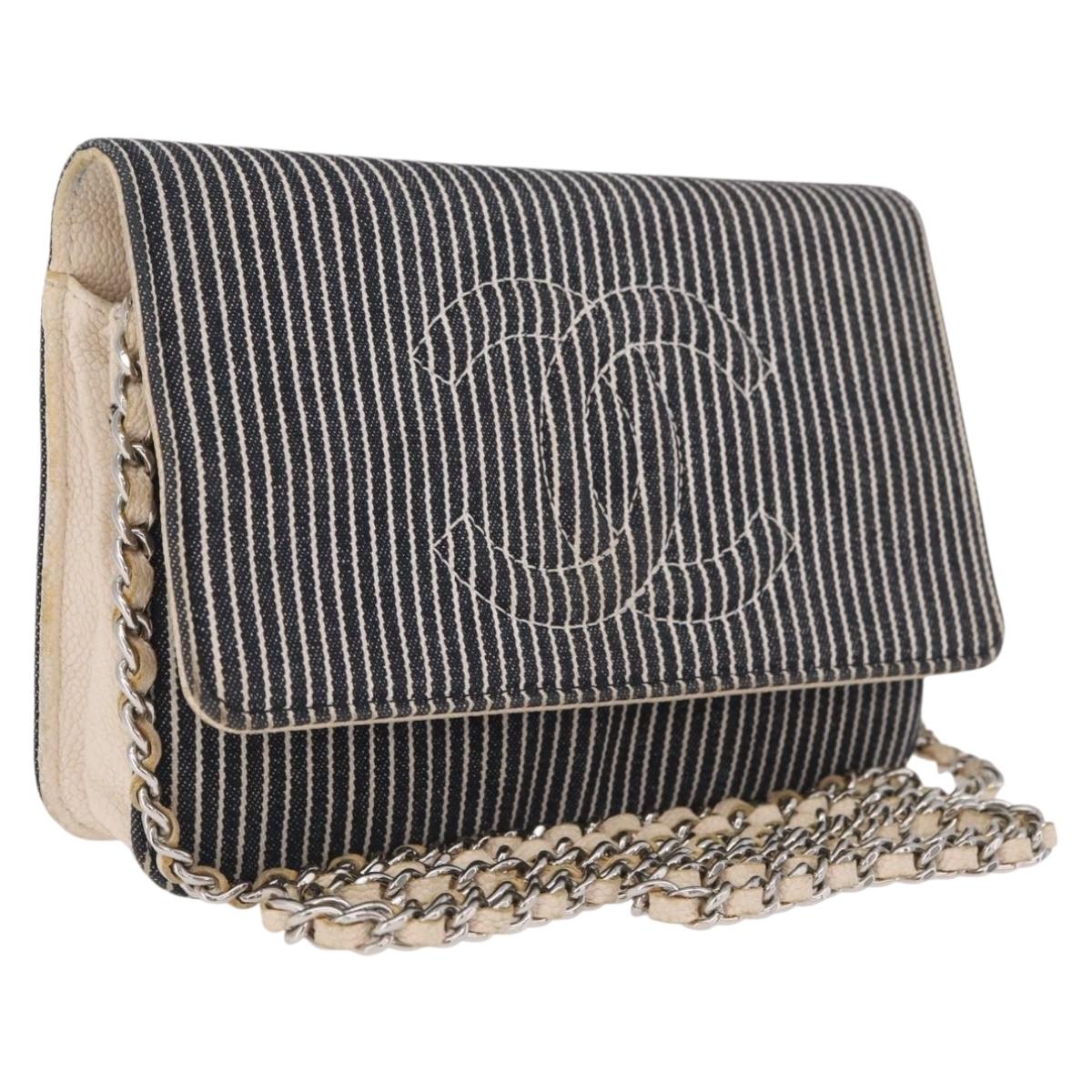 CHANEL Chain Shoulder Bag Canvas Navy Silver CC Auth 208513A
