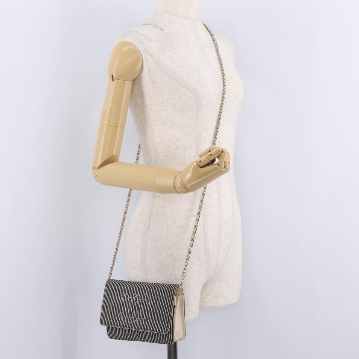 CHANEL Chain Shoulder Bag Canvas Navy Silver CC Auth 208513A