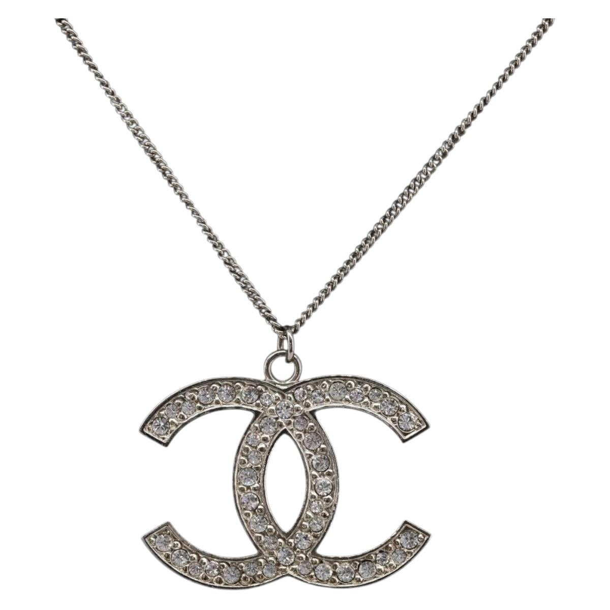 CHANEL COCO Mark Necklace Metal Silver CC Auth 208536M