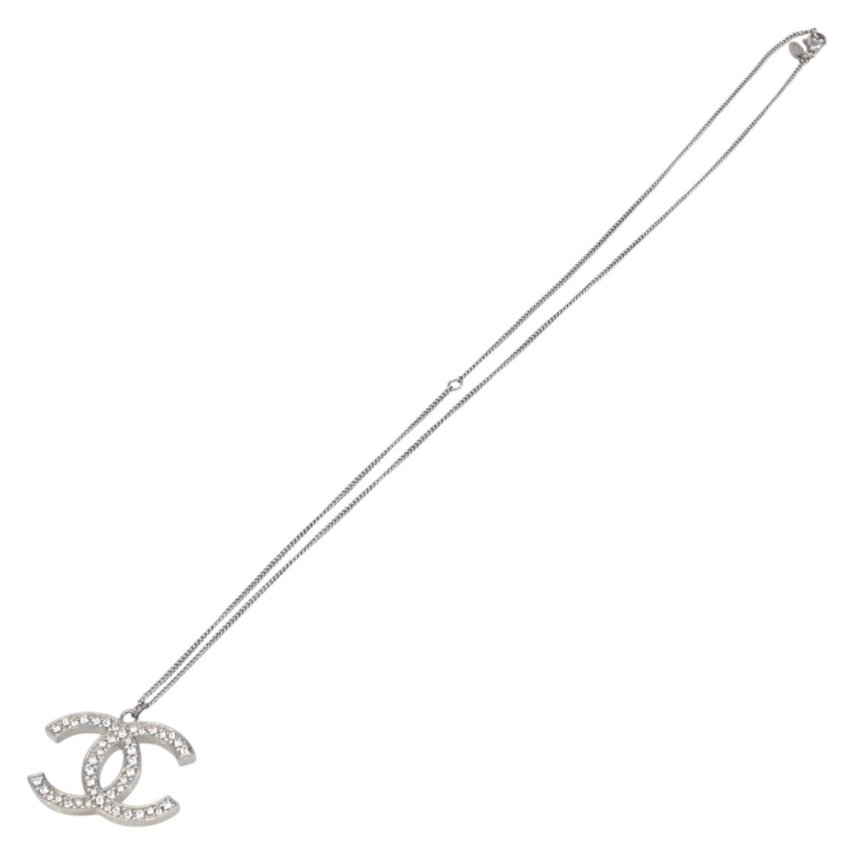 CHANEL COCO Mark Necklace Metal Silver CC Auth 208536M