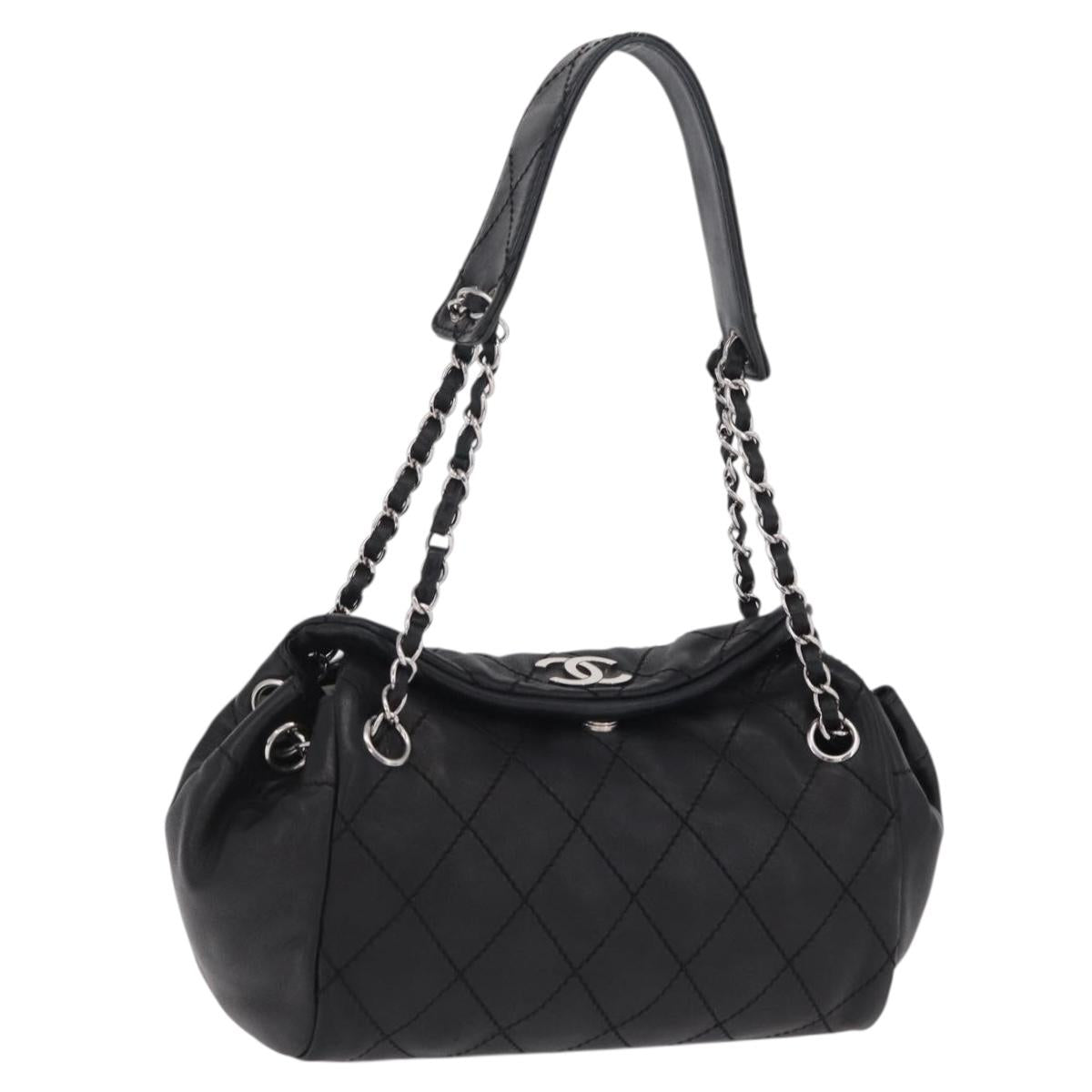 CHANEL Chain Shoulder Bag Lamb Skin Black Silver CC Auth 208559M