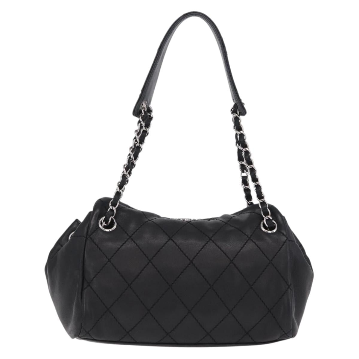 CHANEL Chain Shoulder Bag Lamb Skin Black Silver CC Auth 208559M
