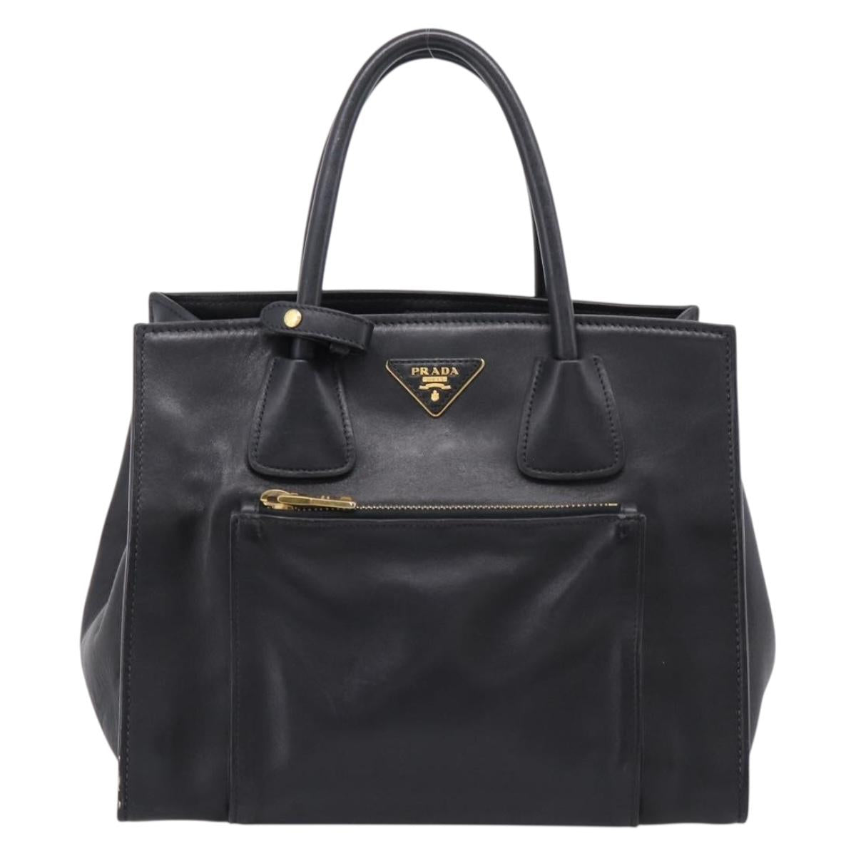 PRADA Hand Bag Leather Black Gold Auth 208562V