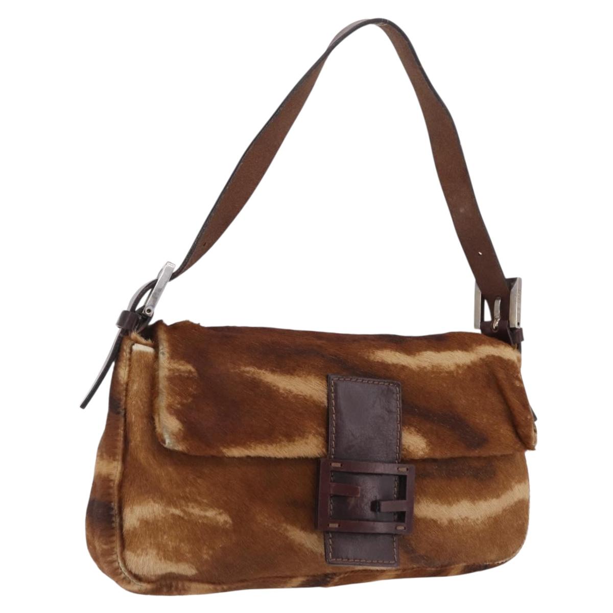 FENDI Mamma Baguette Shoulder Bag Harako Leather Brown Silver 26424 Auth 208565V