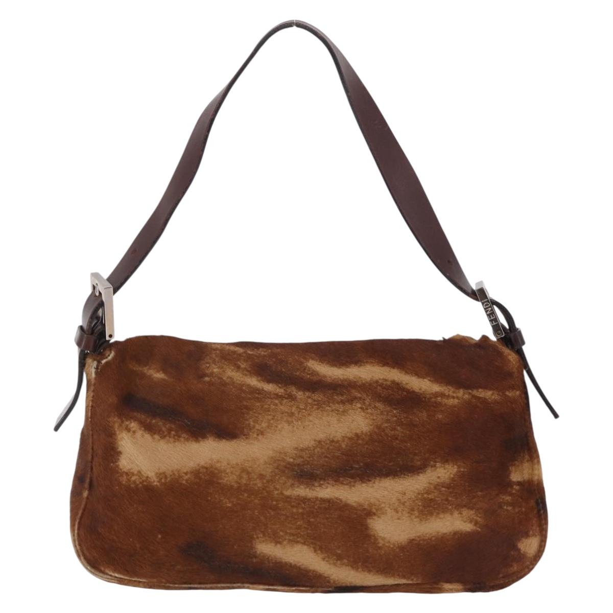 FENDI Mamma Baguette Shoulder Bag Harako Leather Brown Silver 26424 Auth 208565V