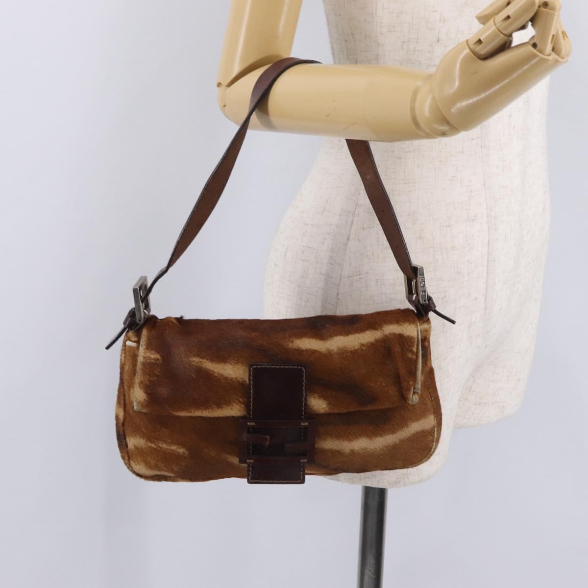 FENDI Mamma Baguette Shoulder Bag Harako Leather Brown Silver 26424 Auth 208565V