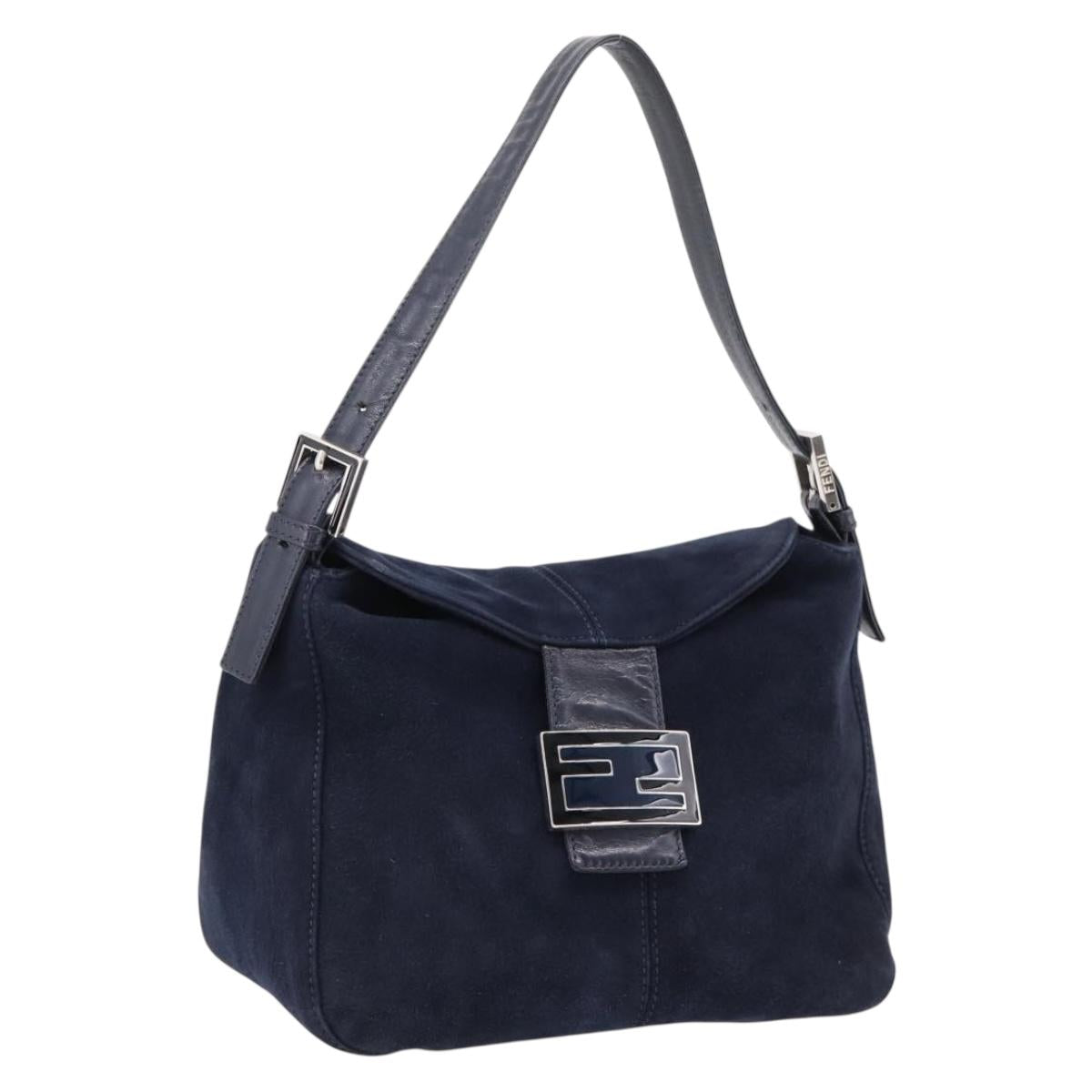 FENDI Mamma Baguette Shoulder Bag Suede Navy Silver 26426 Auth 208579V