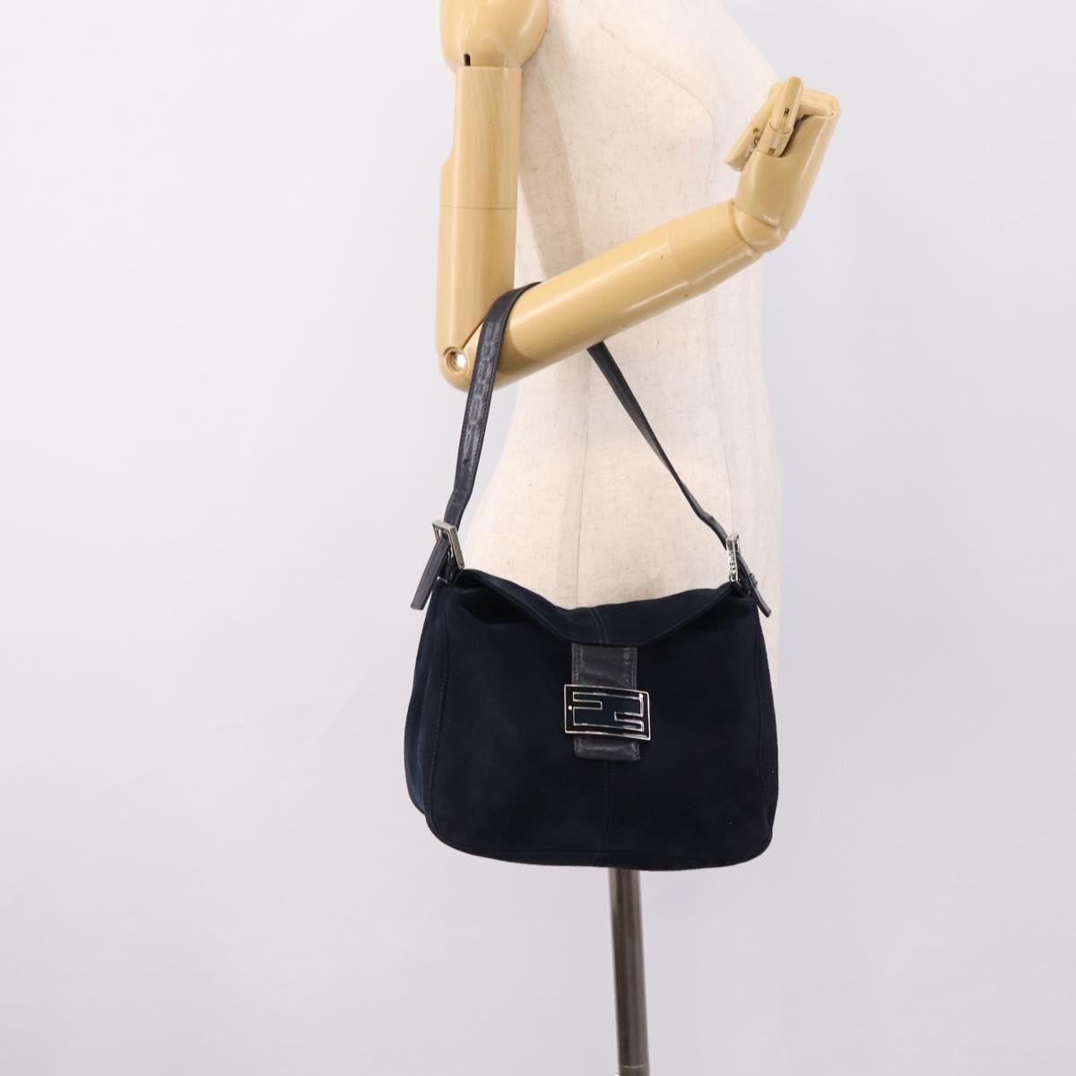 FENDI Mamma Baguette Shoulder Bag Suede Navy Silver 26426 Auth 208579V
