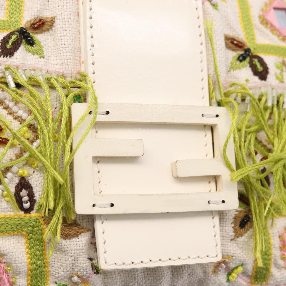 FENDI Mamma Baguette Shoulder Bag Canvas Beads White Silver 26424 Auth 208584SAM