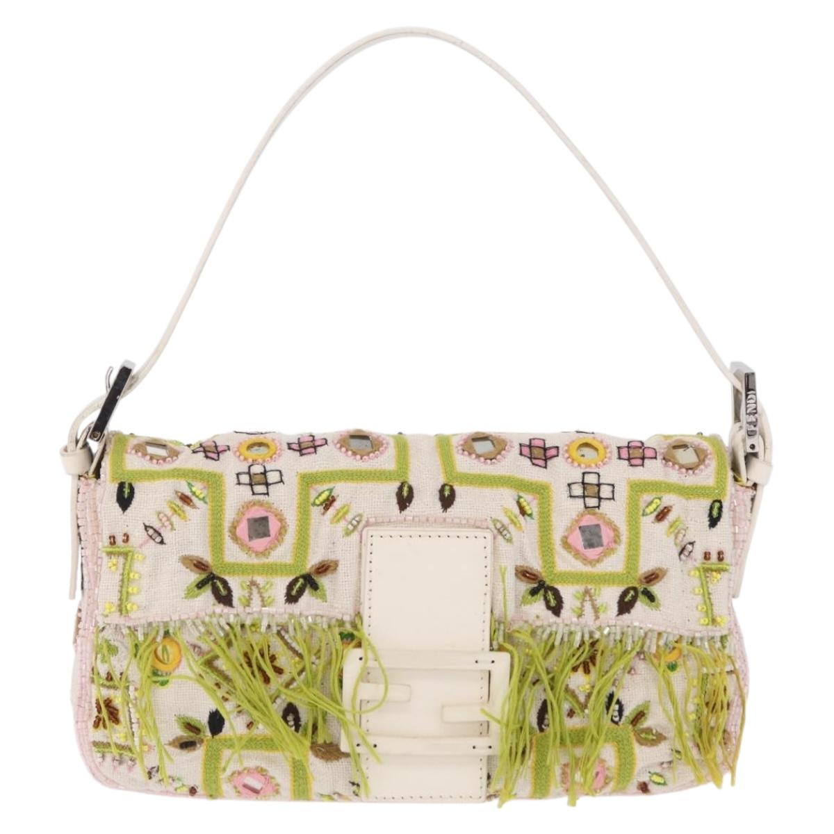 FENDI Mamma Baguette Shoulder Bag Canvas Beads White Silver 26424 Auth 208584SAM