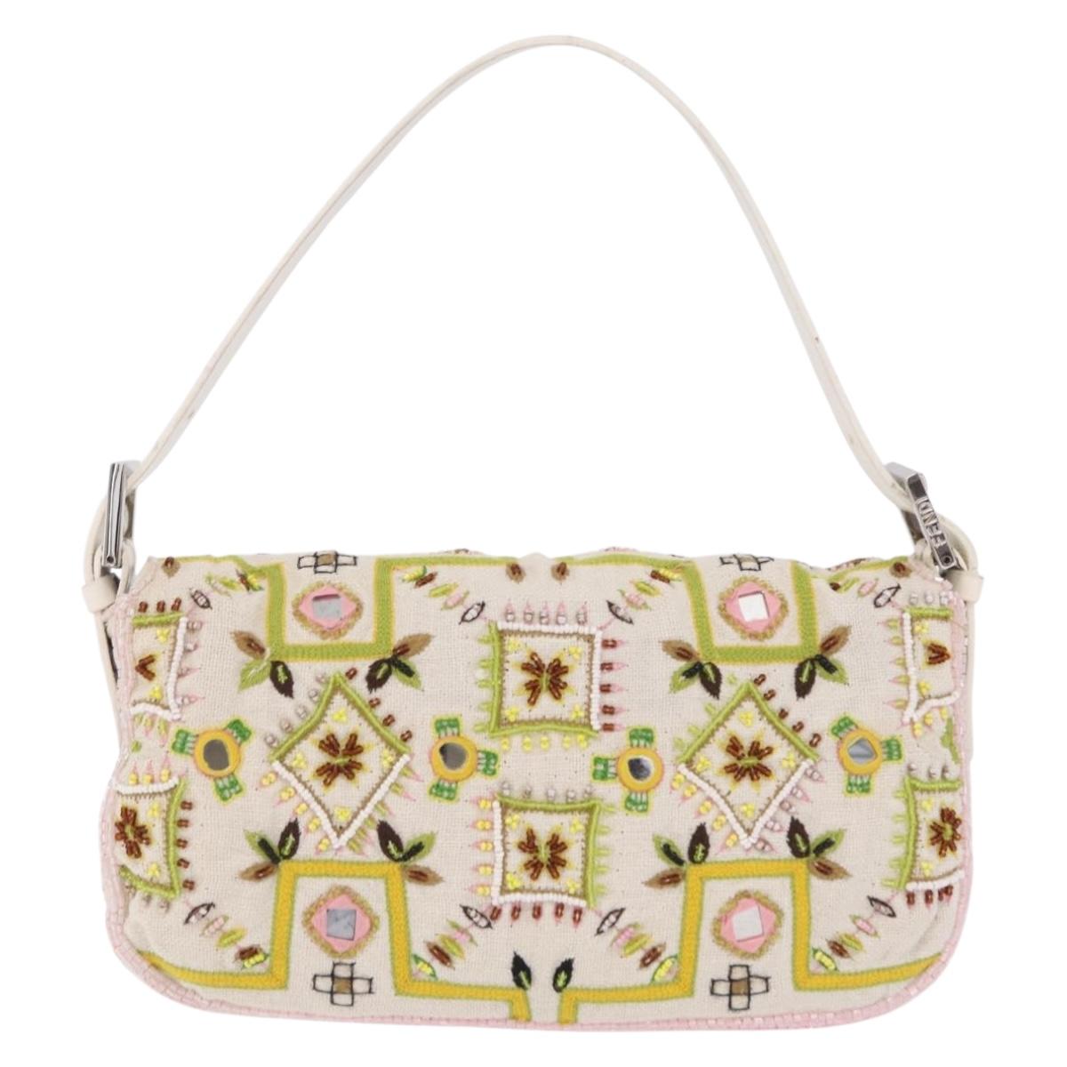 FENDI Mamma Baguette Shoulder Bag Canvas Beads White Silver 26424 Auth 208584SAM