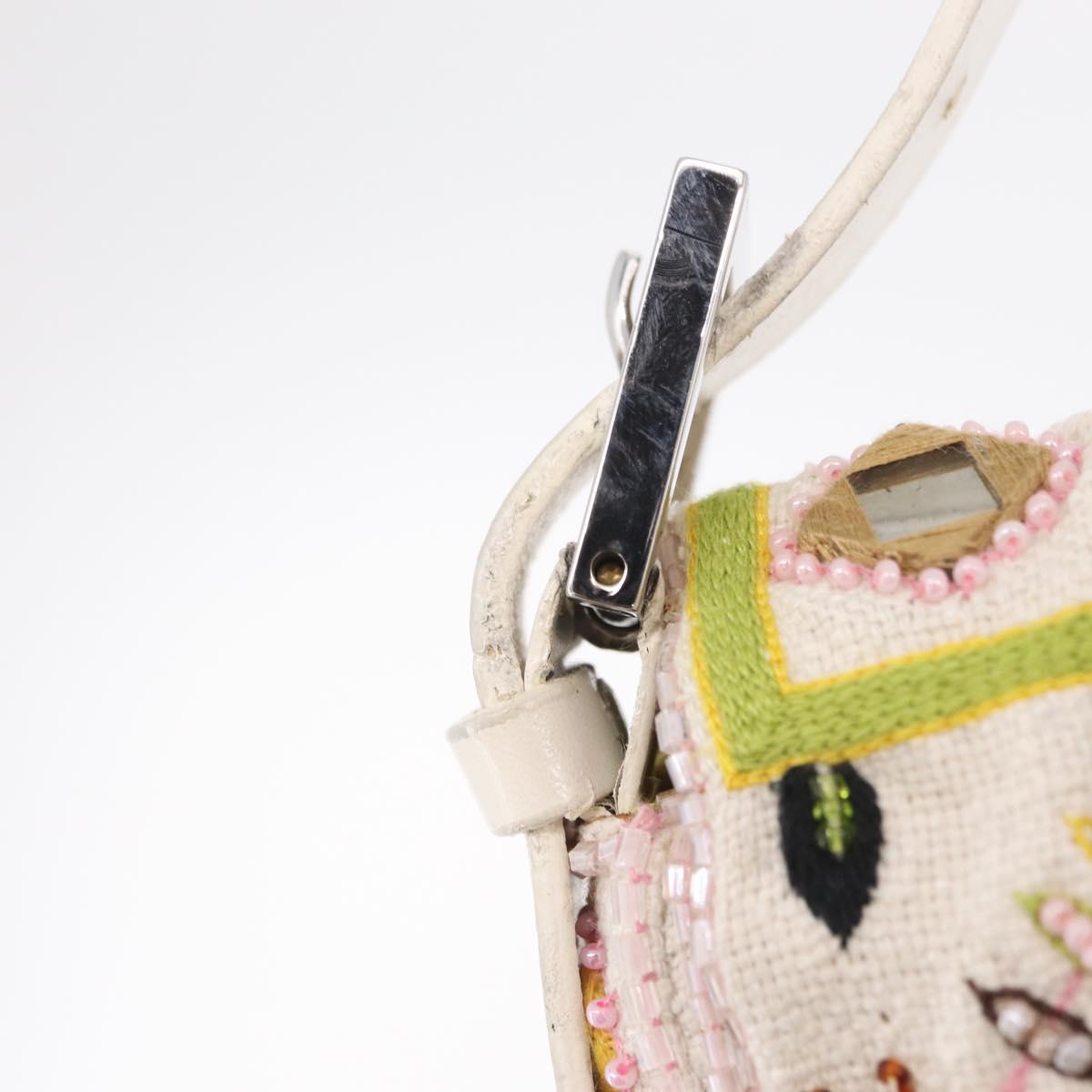 FENDI Mamma Baguette Shoulder Bag Canvas Beads White Silver 26424 Auth 208584SAM