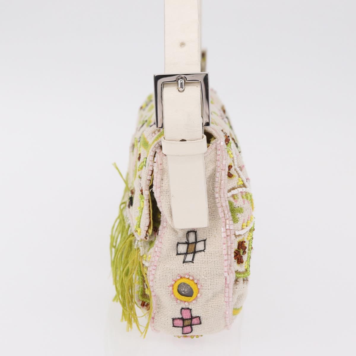 FENDI Mamma Baguette Shoulder Bag Canvas Beads White Silver 26424 Auth 208584SAM