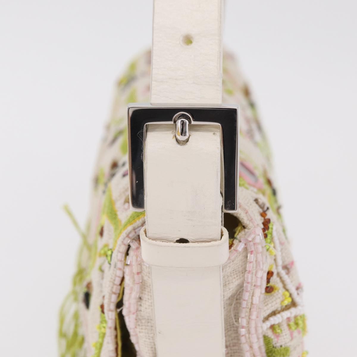 FENDI Mamma Baguette Shoulder Bag Canvas Beads White Silver 26424 Auth 208584SAM