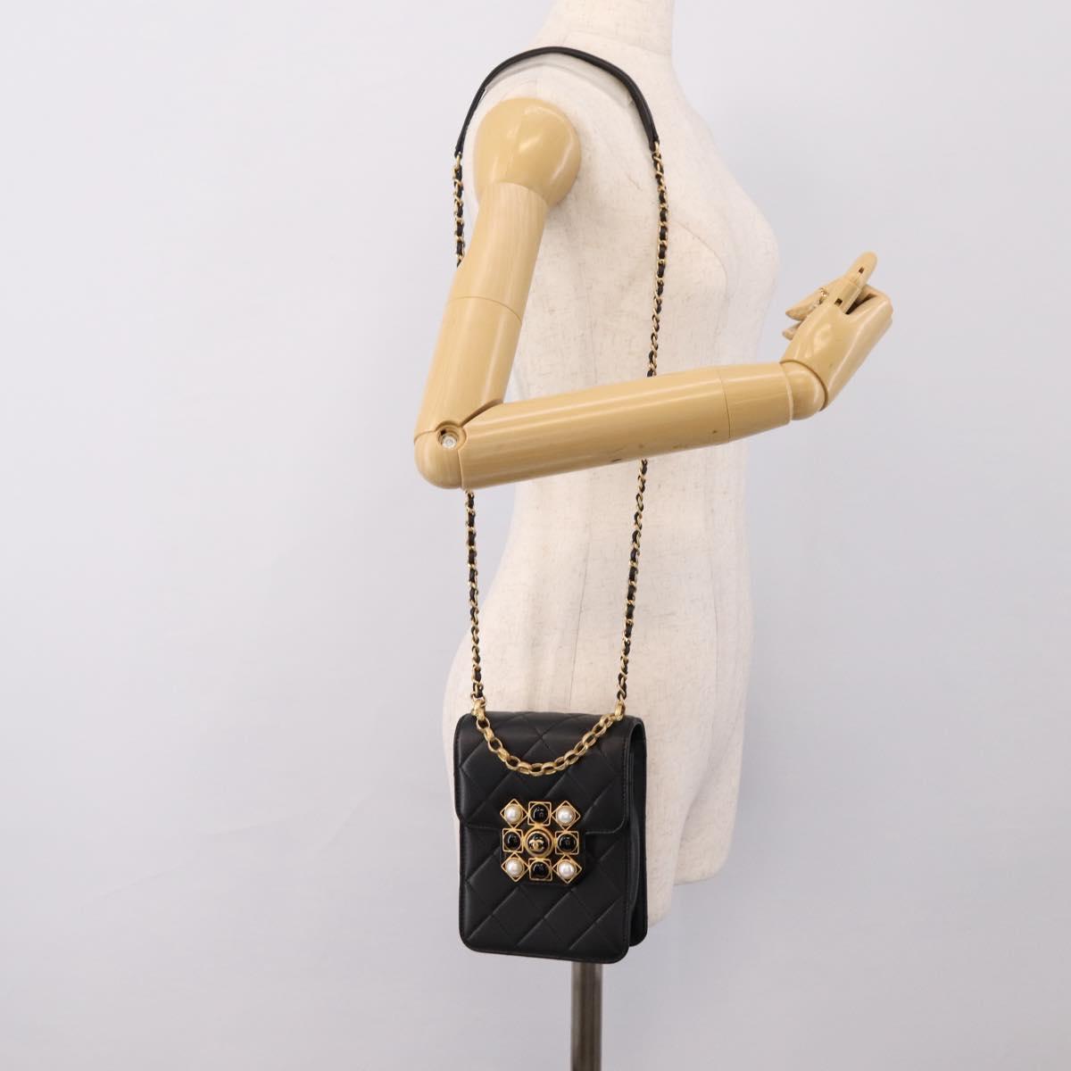 CHANEL Matelasse Shoulder Bag Calf Skin Black Champagne Gold CC Auth 208597SM