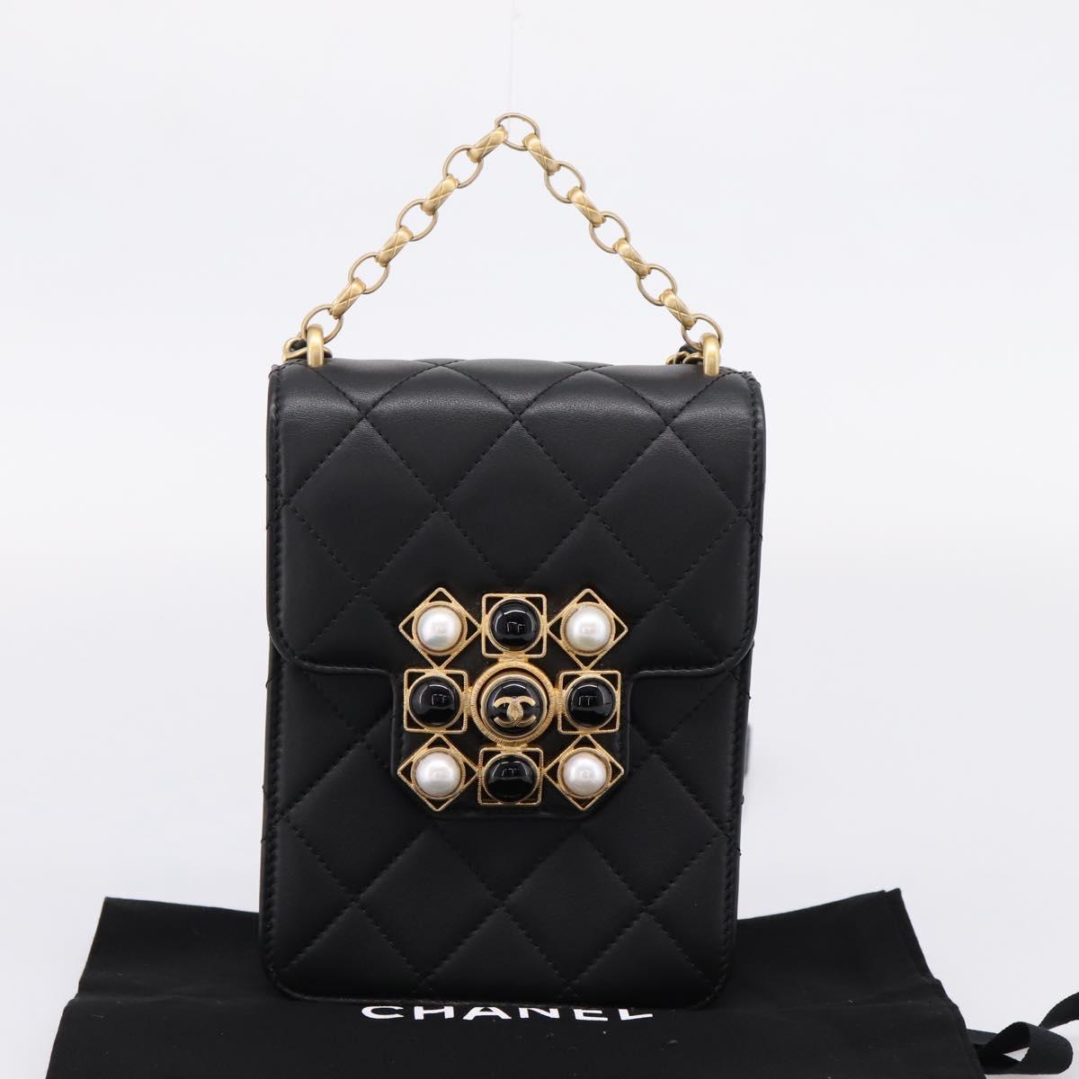 CHANEL Matelasse Shoulder Bag Calf Skin Black Champagne Gold CC Auth 208597SM