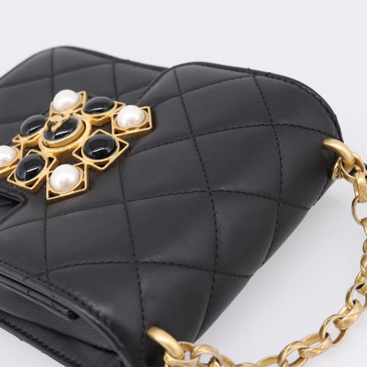 CHANEL Matelasse Shoulder Bag Calf Skin Black Champagne Gold CC Auth 208597SM