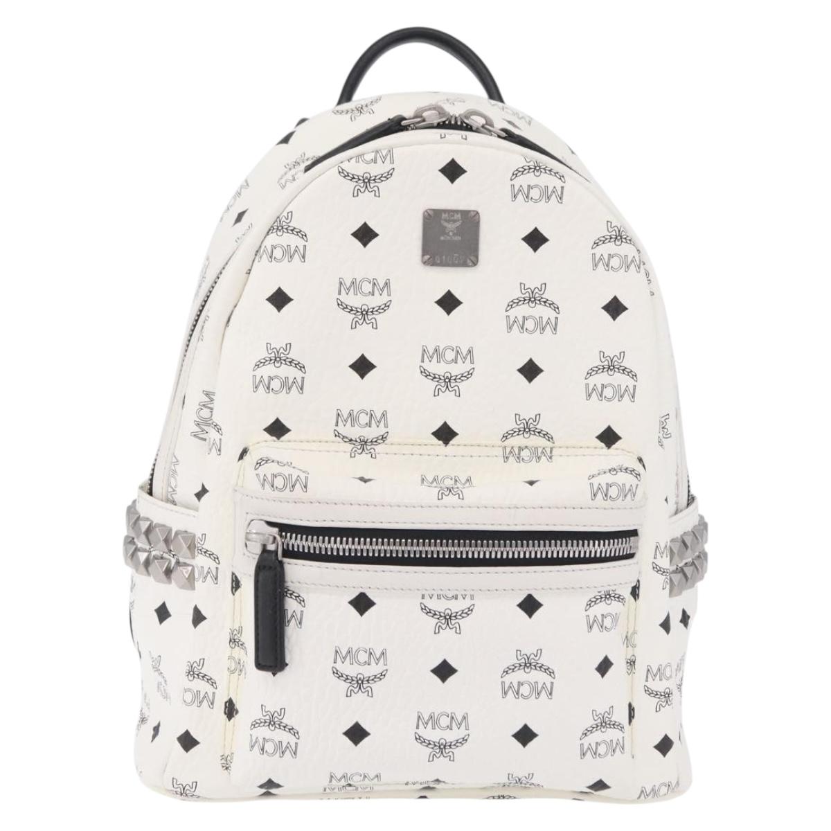 MCM Vicetos Logogram Backpack PVC Leather White Silver Auth 208627