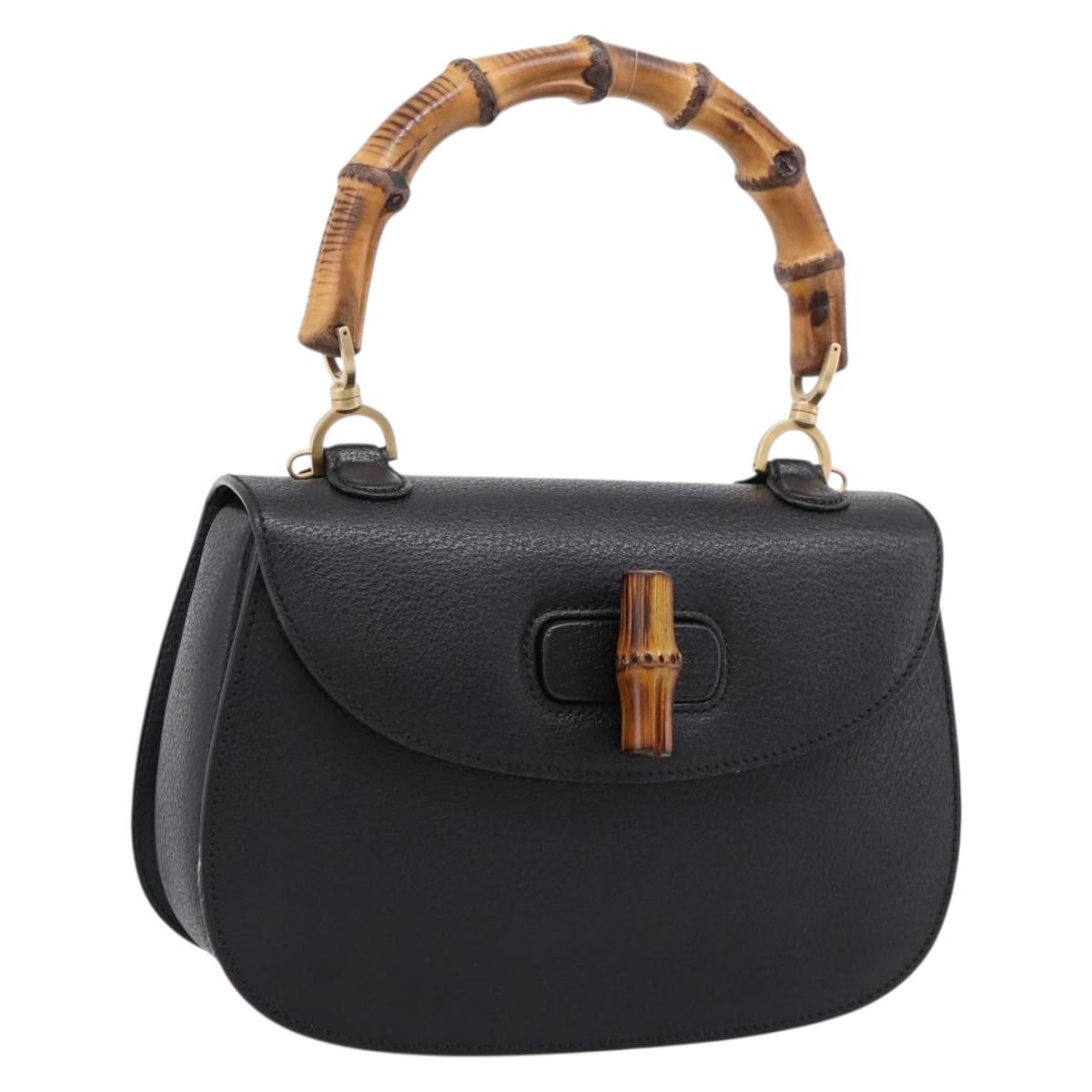 GUCCI Bamboo Hand Bag Leather Black Gold 000 2113 0633 Auth 208629V