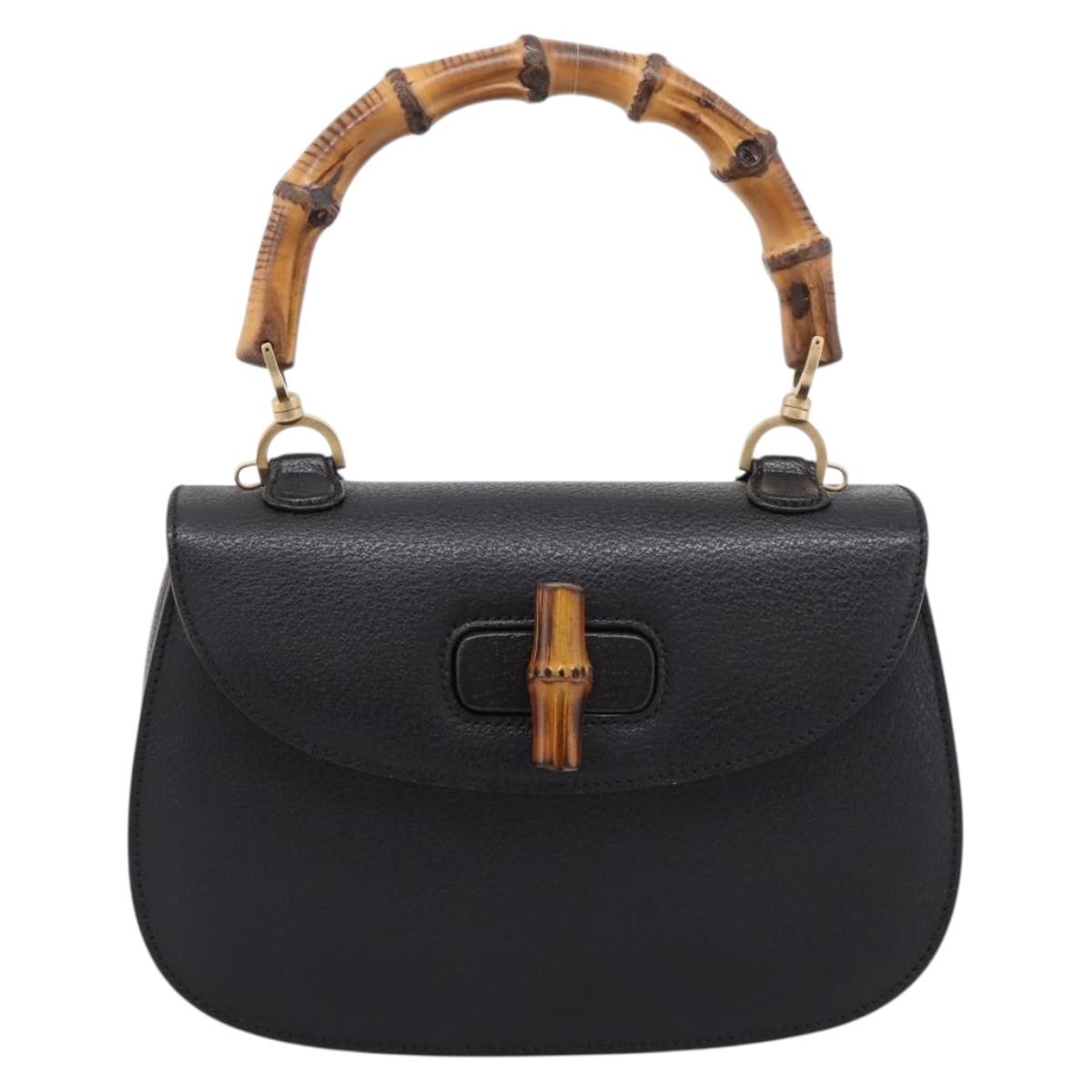 GUCCI Bamboo Hand Bag Leather Black Gold 000 2113 0633 Auth 208629V