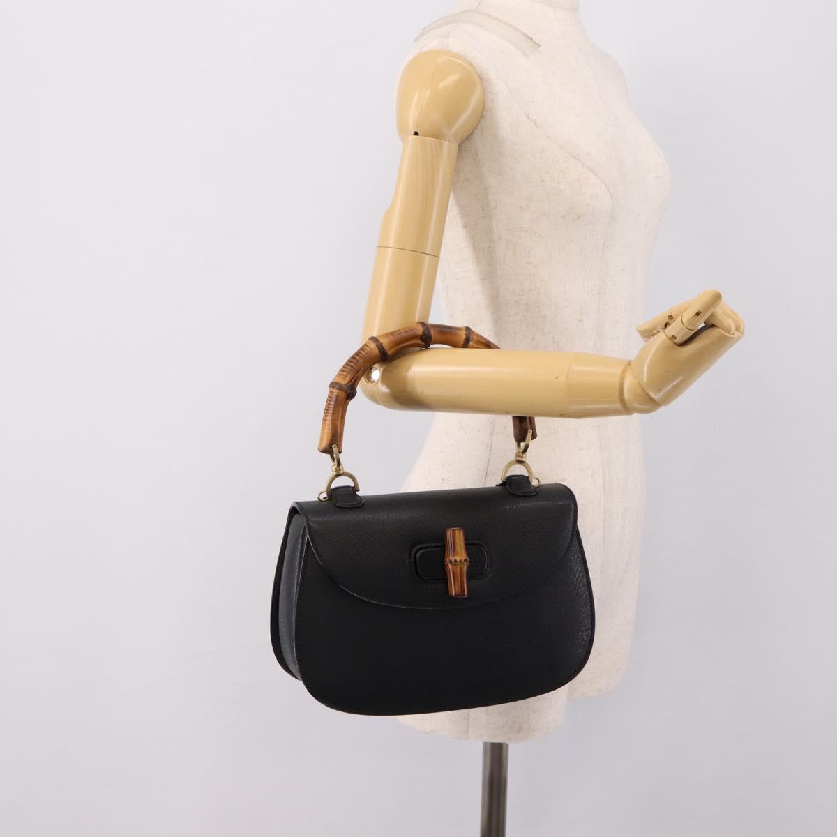GUCCI Bamboo Hand Bag Leather Black Gold 000 2113 0633 Auth 208629V