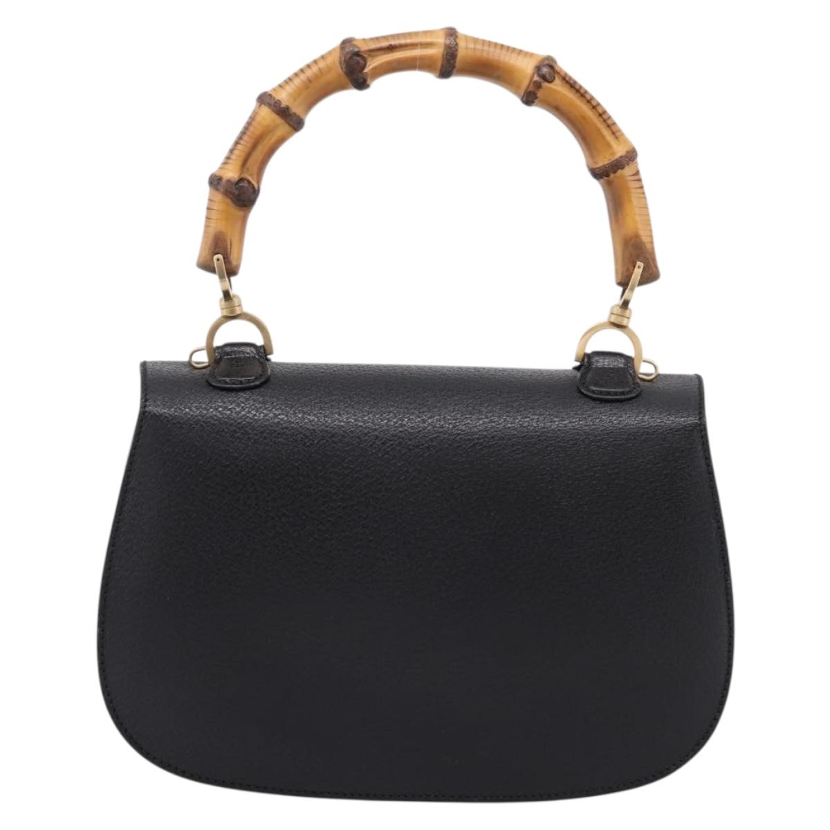 GUCCI Bamboo Hand Bag Leather Black Gold 000 2113 0633 Auth 208629V
