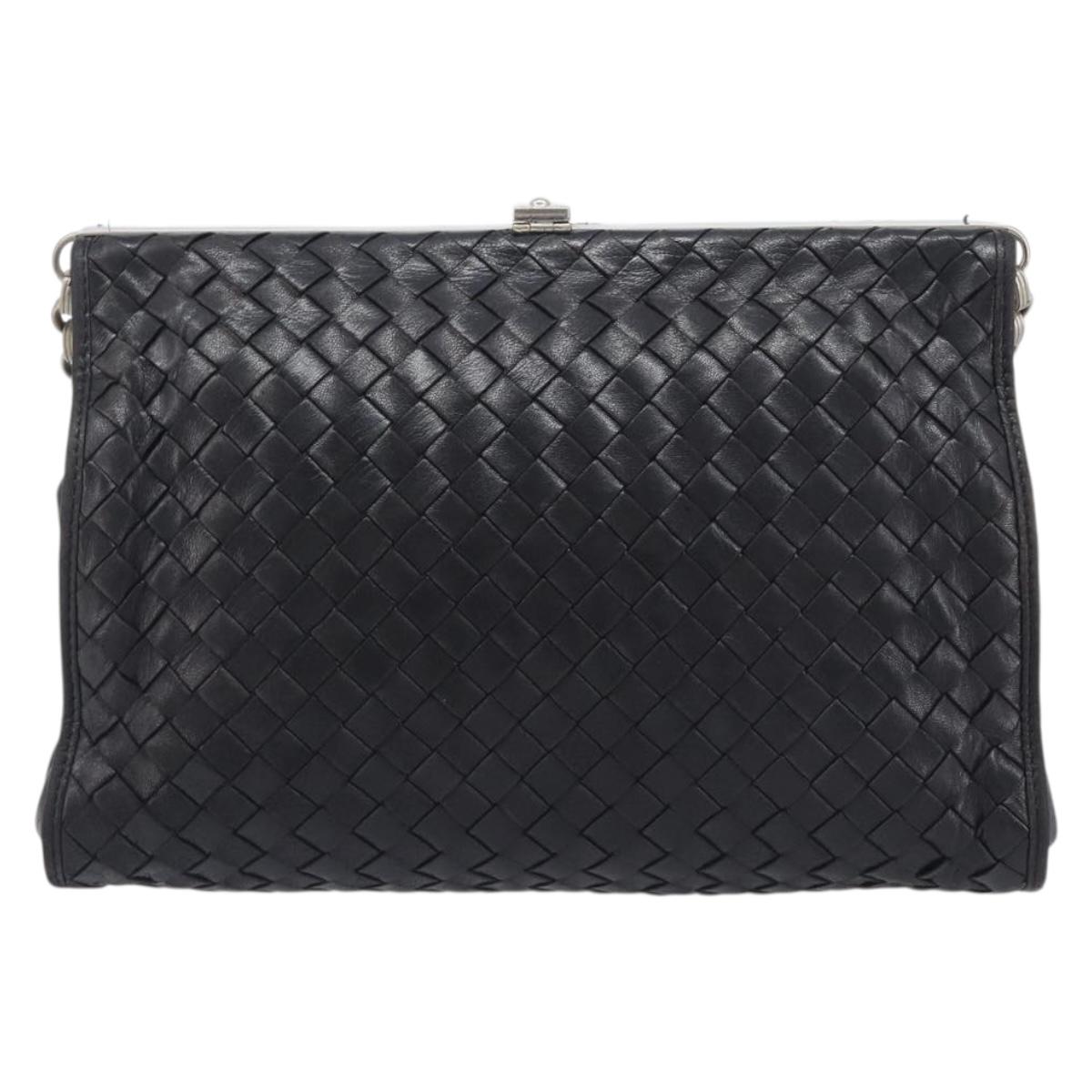 Bottega Veneta INTRECCIATO Chain Shoulder Bag Leather Black Silver Auth 208700V