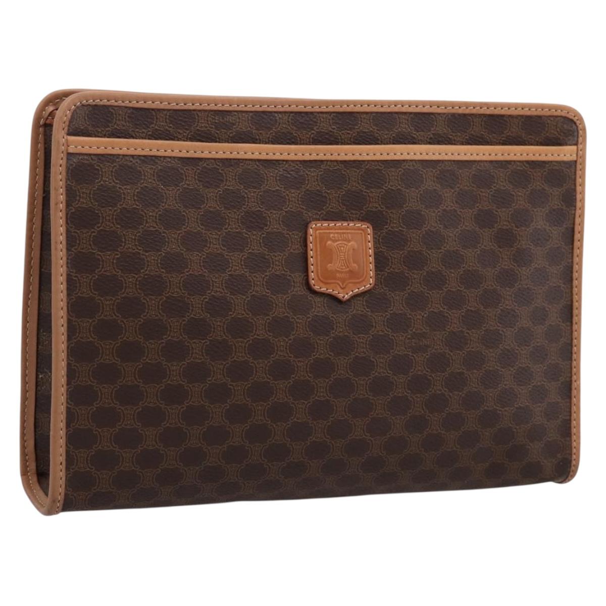 CELINE Macadam Canvas Clutch Bag PVC Leather Brown Gold Auth 208708A
