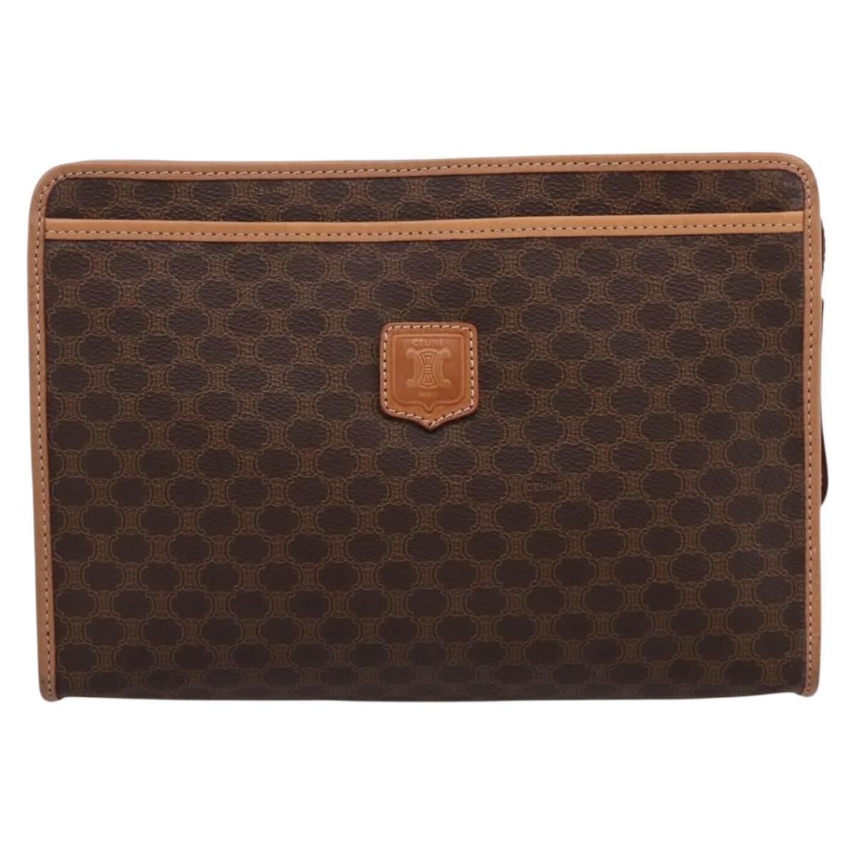 CELINE Macadam Canvas Clutch Bag PVC Leather Brown Gold Auth 208708A
