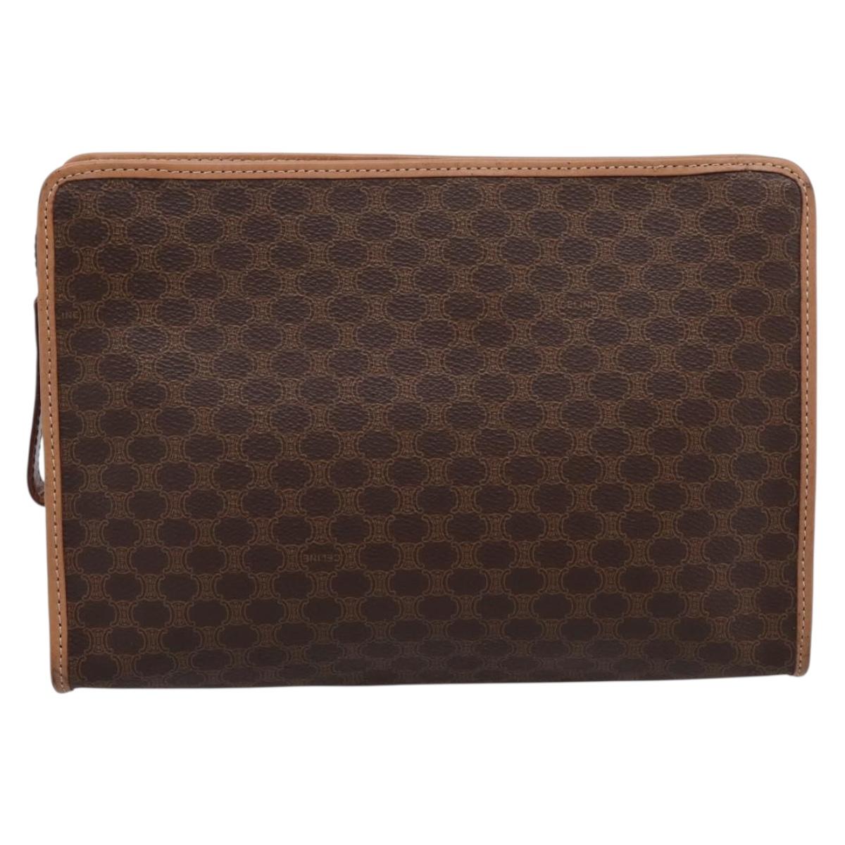 CELINE Macadam Canvas Clutch Bag PVC Leather Brown Gold Auth 208708A