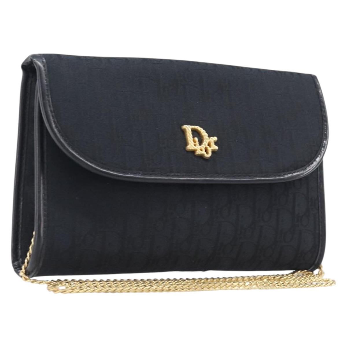 Christian Dior Trotter Canvas Chain Shoulder Bag Black Gold Auth 208710V
