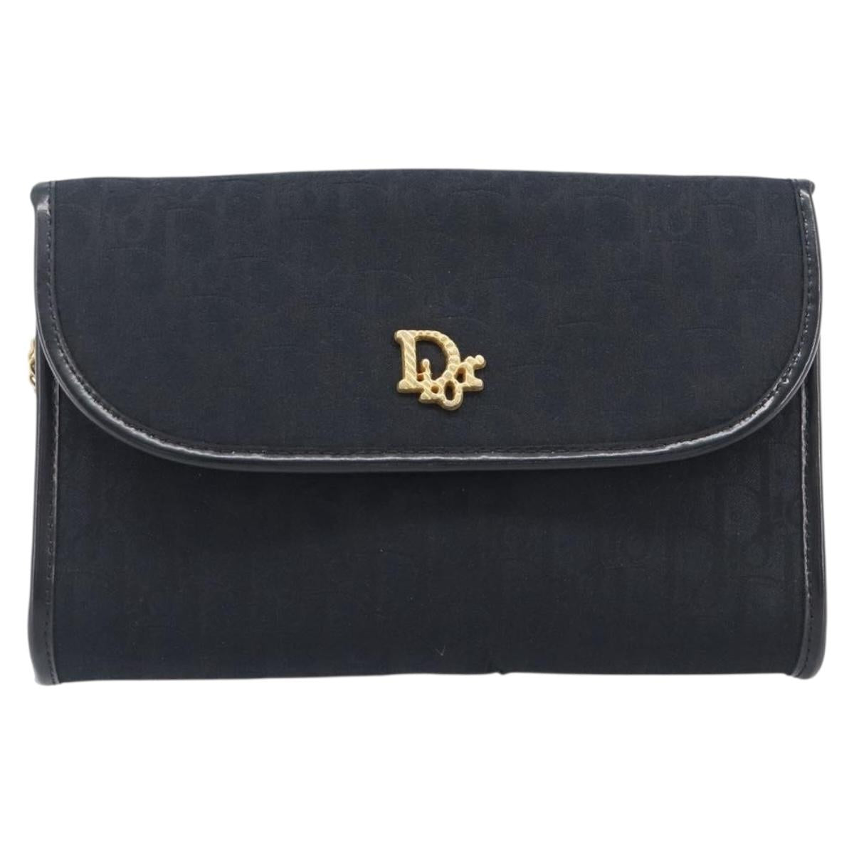 Christian Dior Trotter Canvas Chain Shoulder Bag Black Gold Auth 208710V