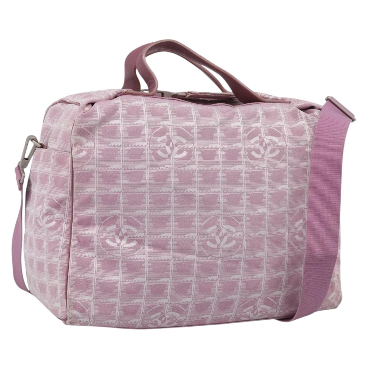 CHANEL New Travel Line Shoulder Bag Nylon Pink Silver CC Auth 208736