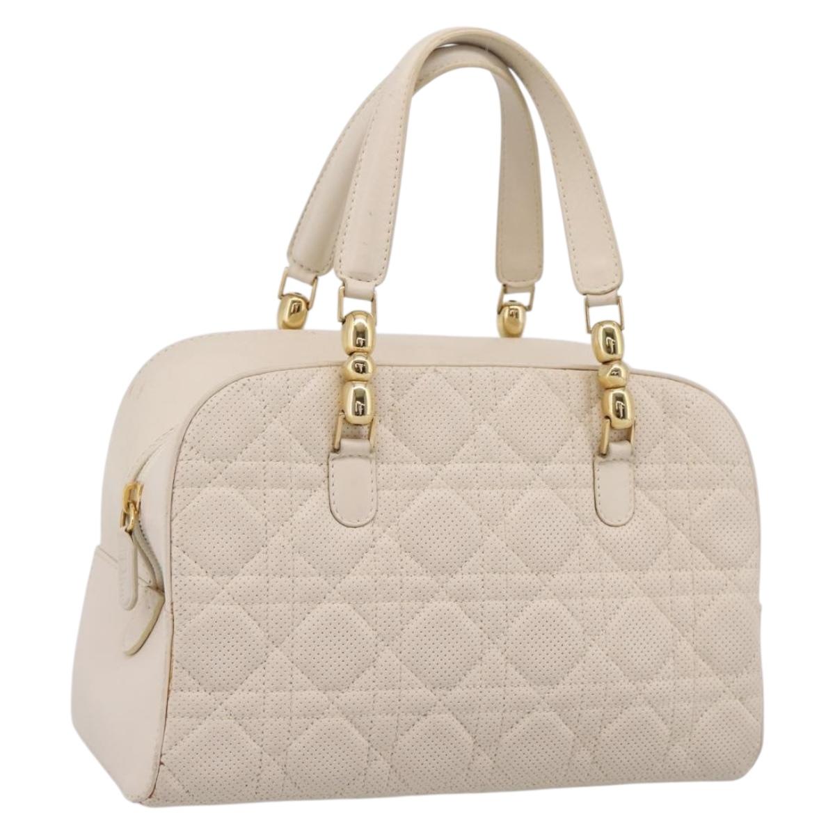 Christian Dior Maris Pearl Canage Hand Bag Leather White Gold Auth 208737A