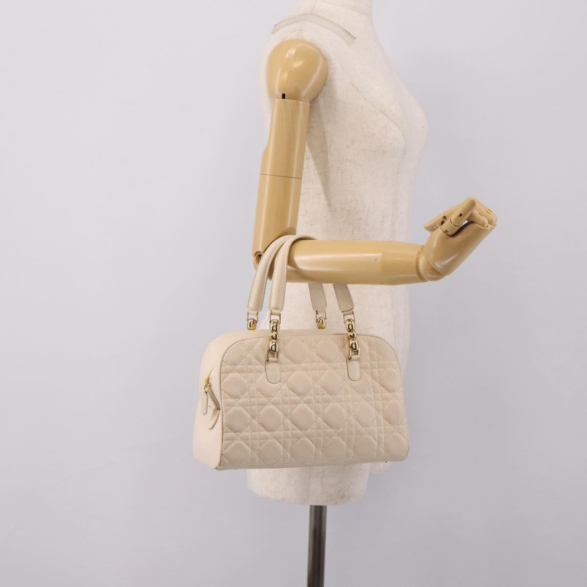 Christian Dior Maris Pearl Canage Hand Bag Leather White Gold Auth 208737A