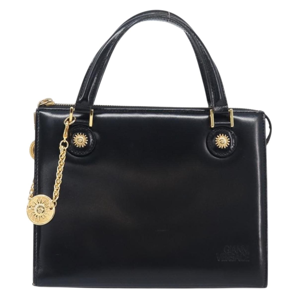 Gianni Versace Hand Bag Leather Black Gold Auth 208748