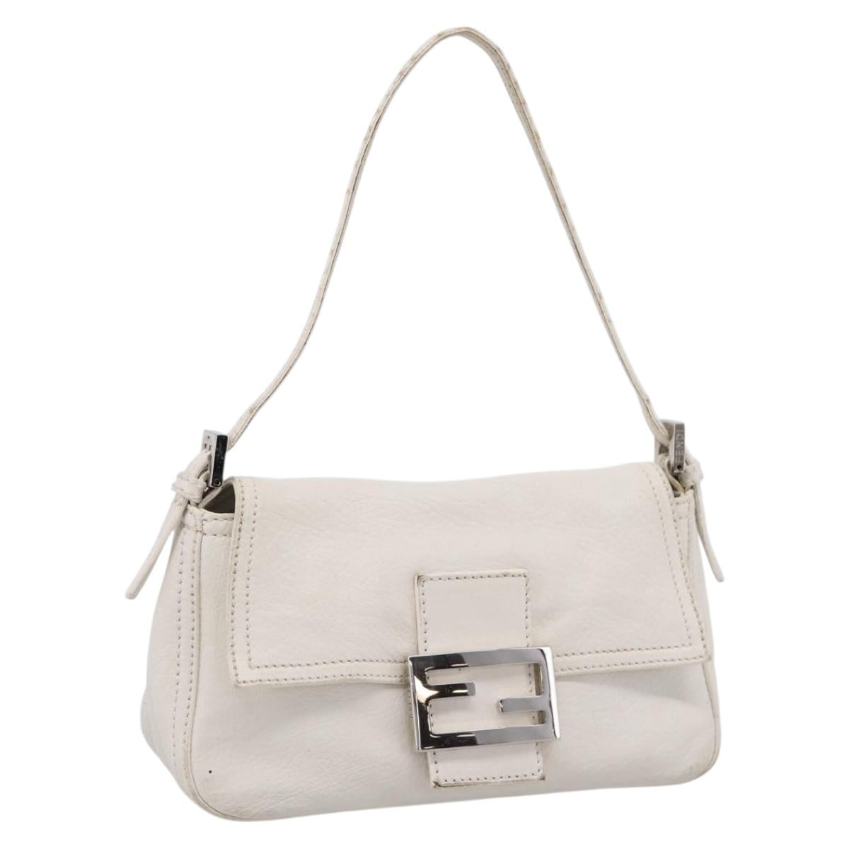 FENDI Mamma Baguette Hand Bag Leather White Silver Auth 208750A