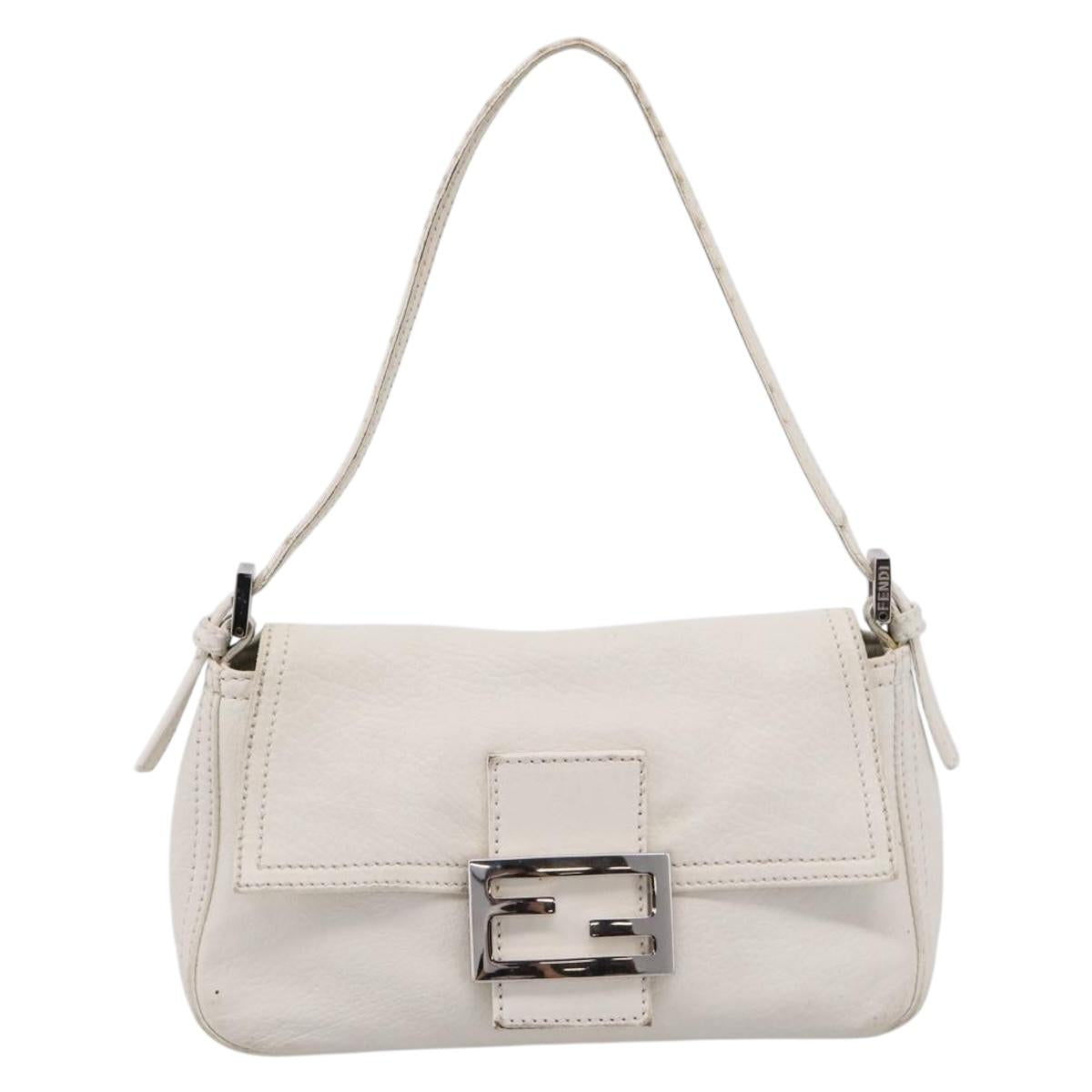 FENDI Mamma Baguette Hand Bag Leather White Silver Auth 208750A
