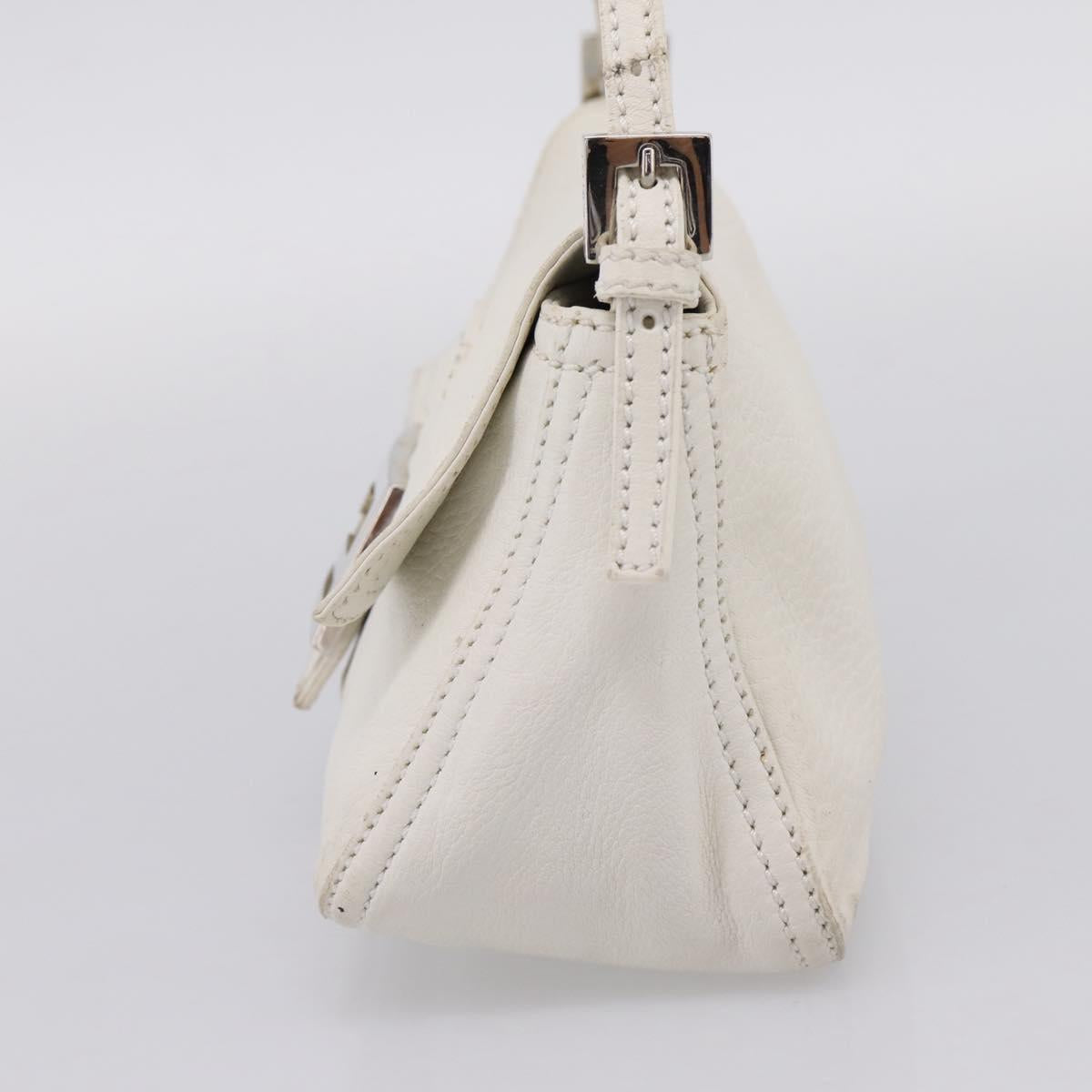 FENDI Mamma Baguette Hand Bag Leather White Silver Auth 208750A