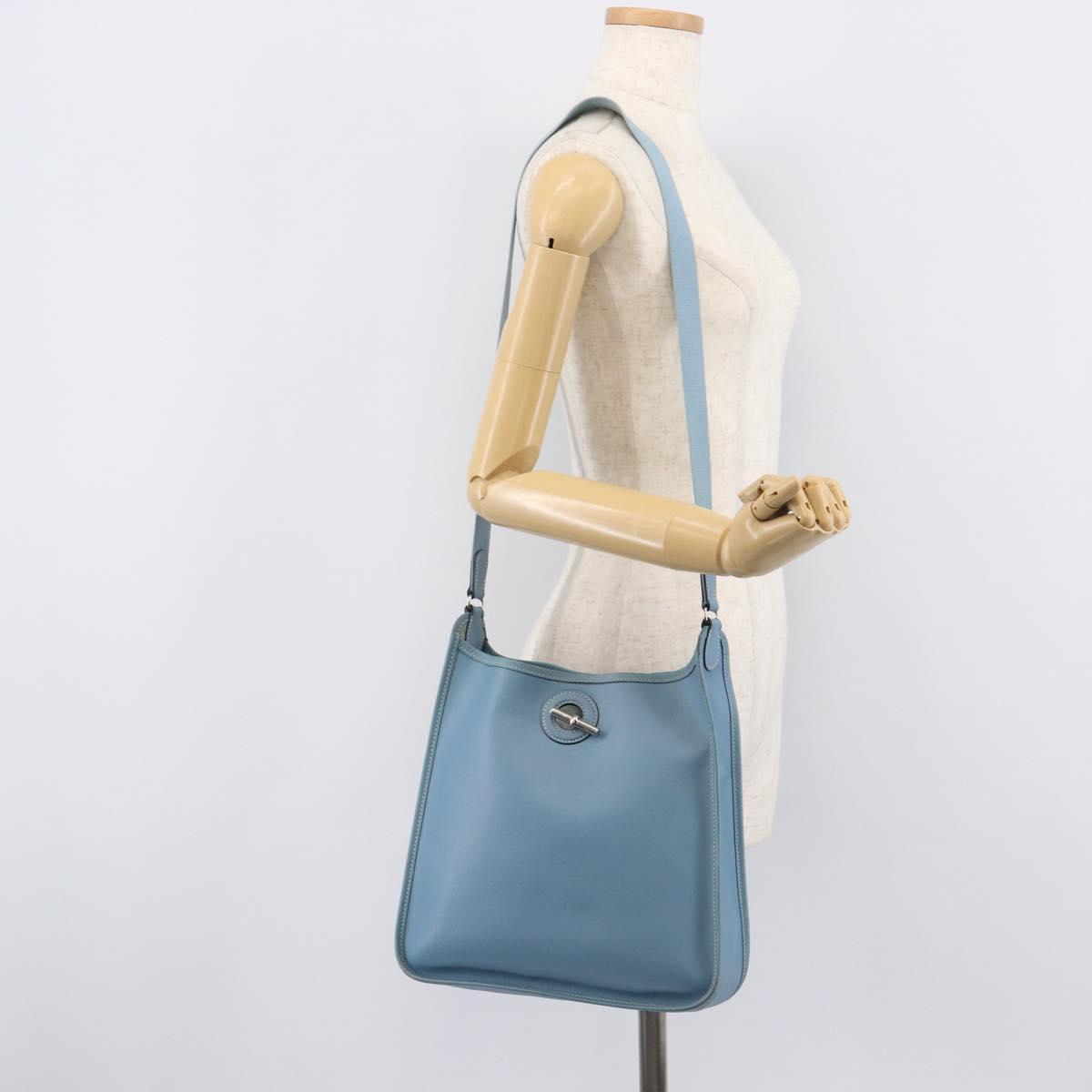 HERMES Vespa PM Shoulder Bag Courchevel Leather Light Blue Silver Auth 208764A