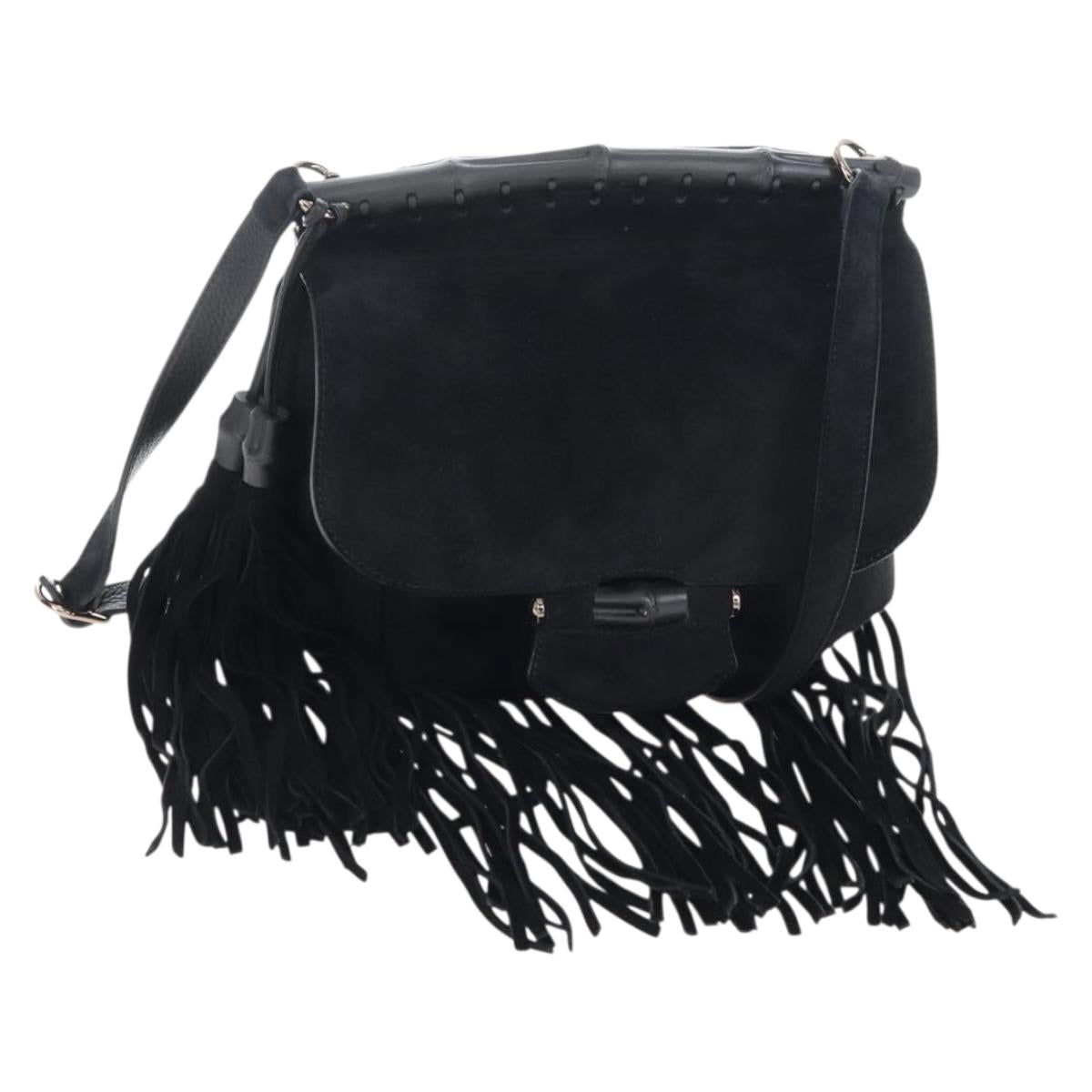 GUCCI Bamboo Shoulder Bag Suede Black Gold Auth 208774V