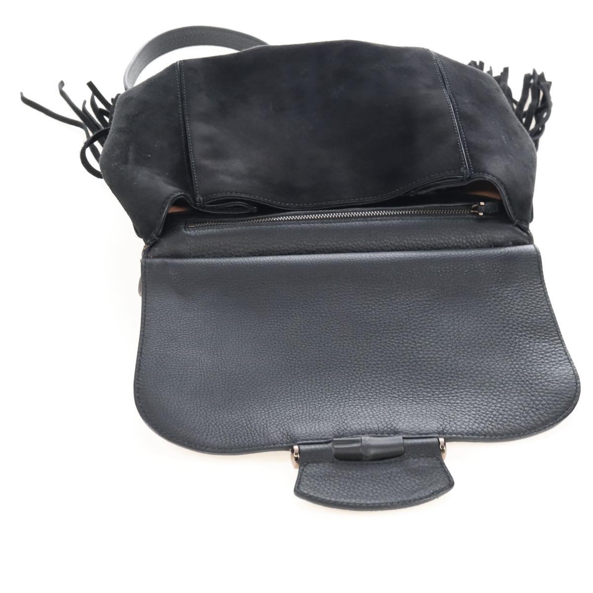 GUCCI Bamboo Shoulder Bag Suede Black Gold Auth 208774V