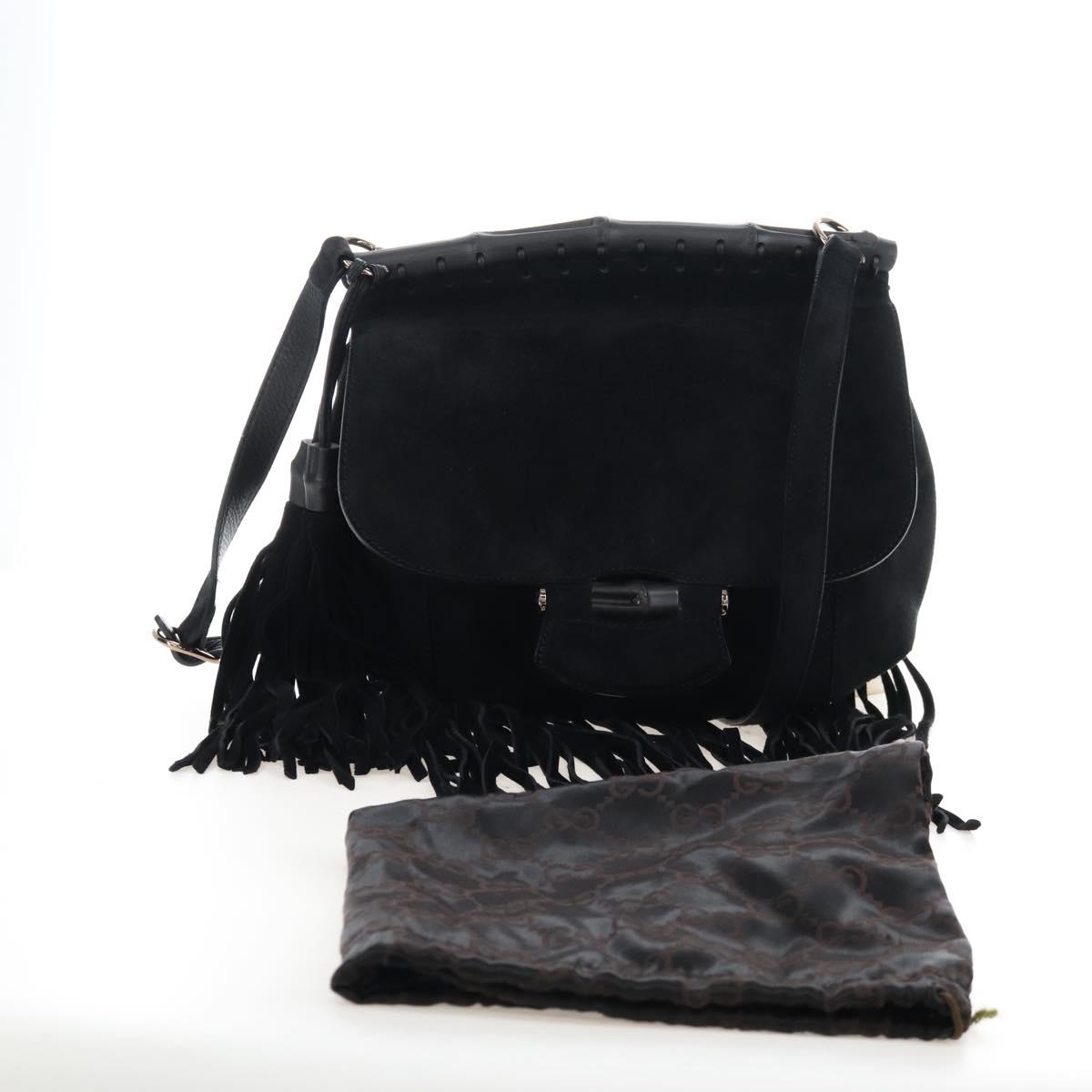 GUCCI Bamboo Shoulder Bag Suede Black Gold Auth 208774V