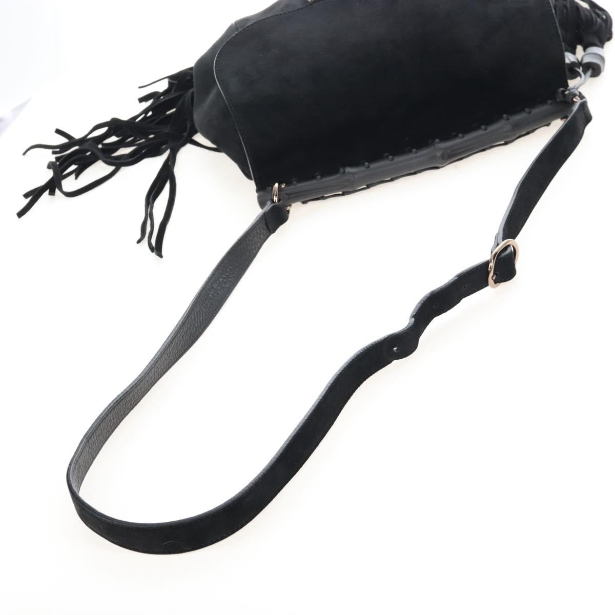GUCCI Bamboo Shoulder Bag Suede Black Gold Auth 208774V