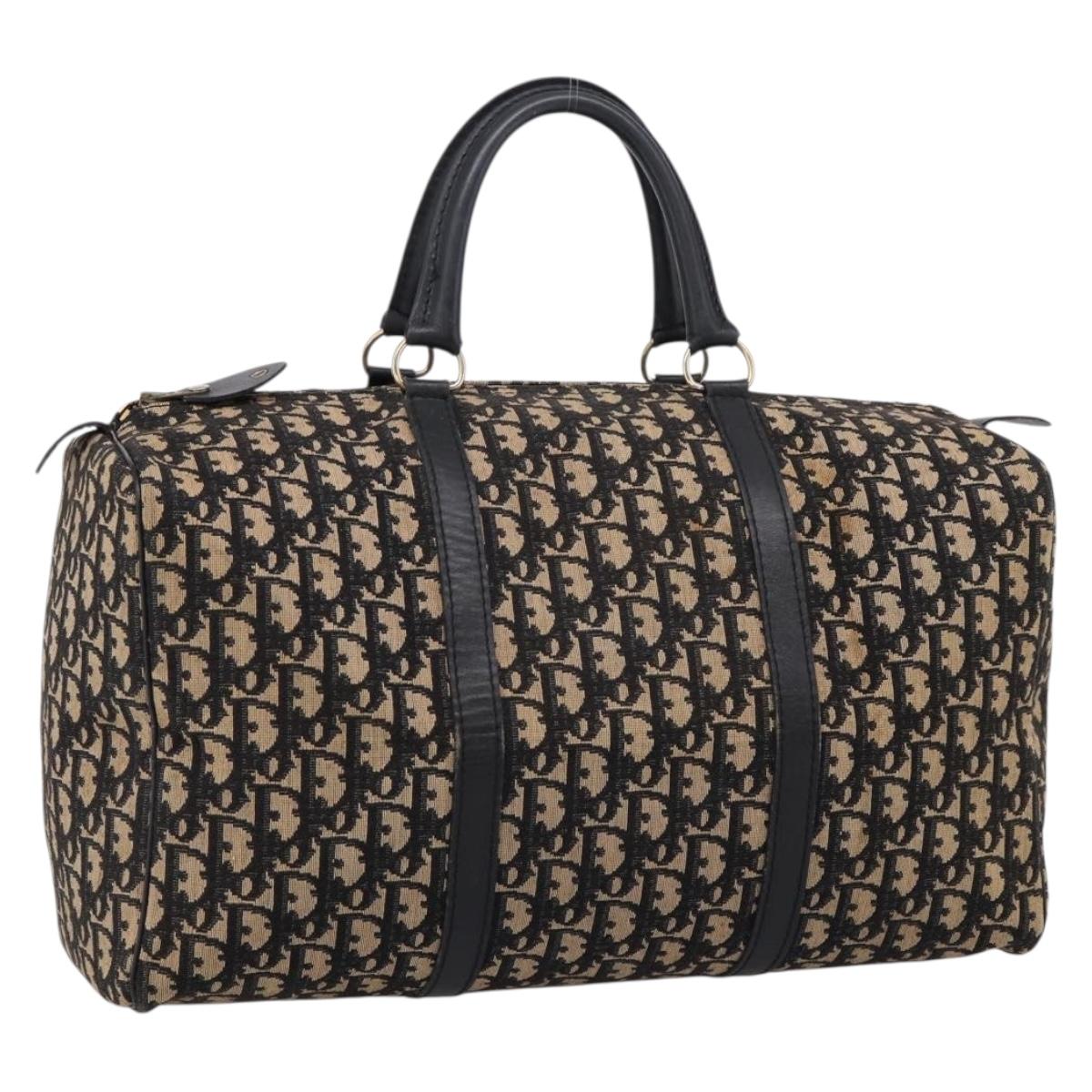 Christian Dior Trotter Canvas Boston Bag Navy Gold Auth 208777